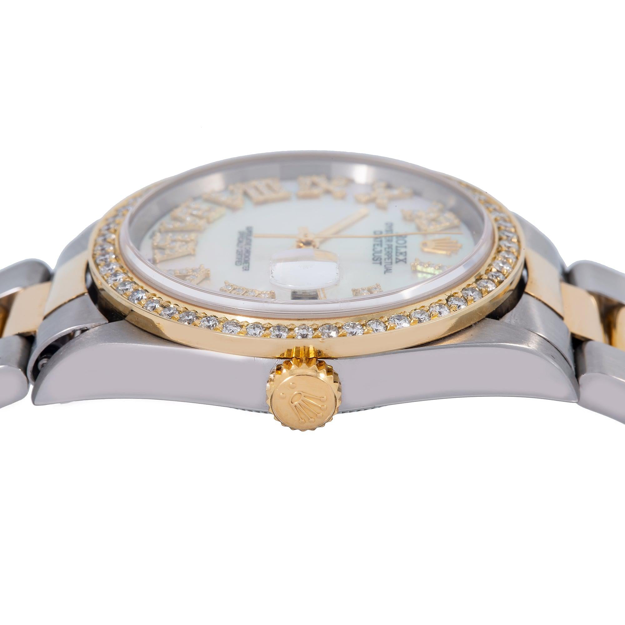Rolex Datejust 36MM 16203 Mother of Pearl Roman Diamond Dial Diamond Bezel Two Tone Yellow Gold Oyster Bracelet