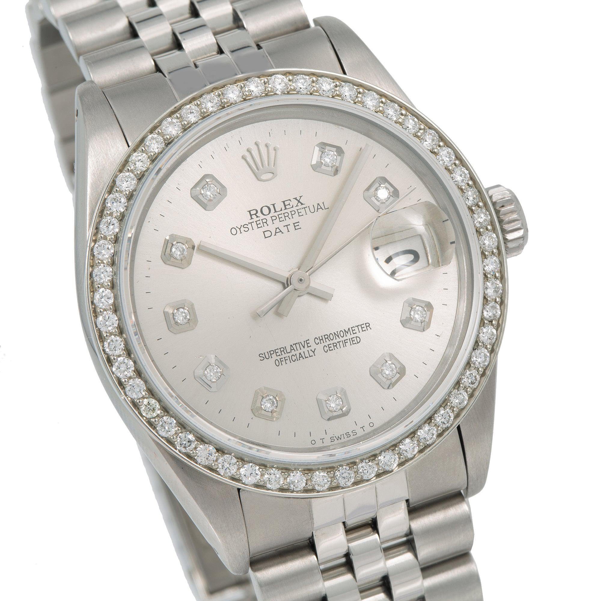Rolex Date 34MM 1501 Silver Diamond Dial Diamond Bezel Stainless Steel Jubilee Bracelet 1.2ct