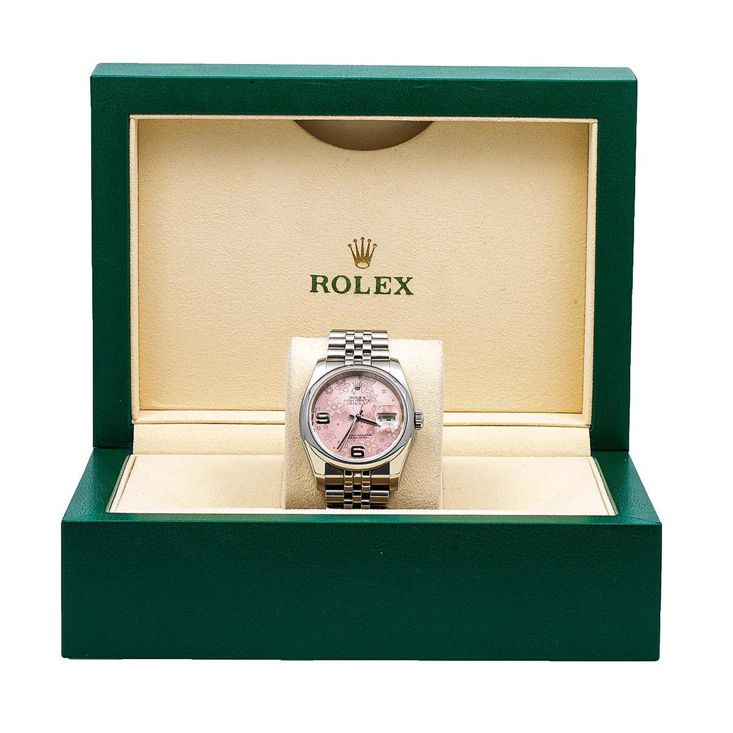 Rolex Datejust 36MM 116200 Pink Floral Arabic Dial Smooth Bezel Stainless Steel Jubilee Bracelet
