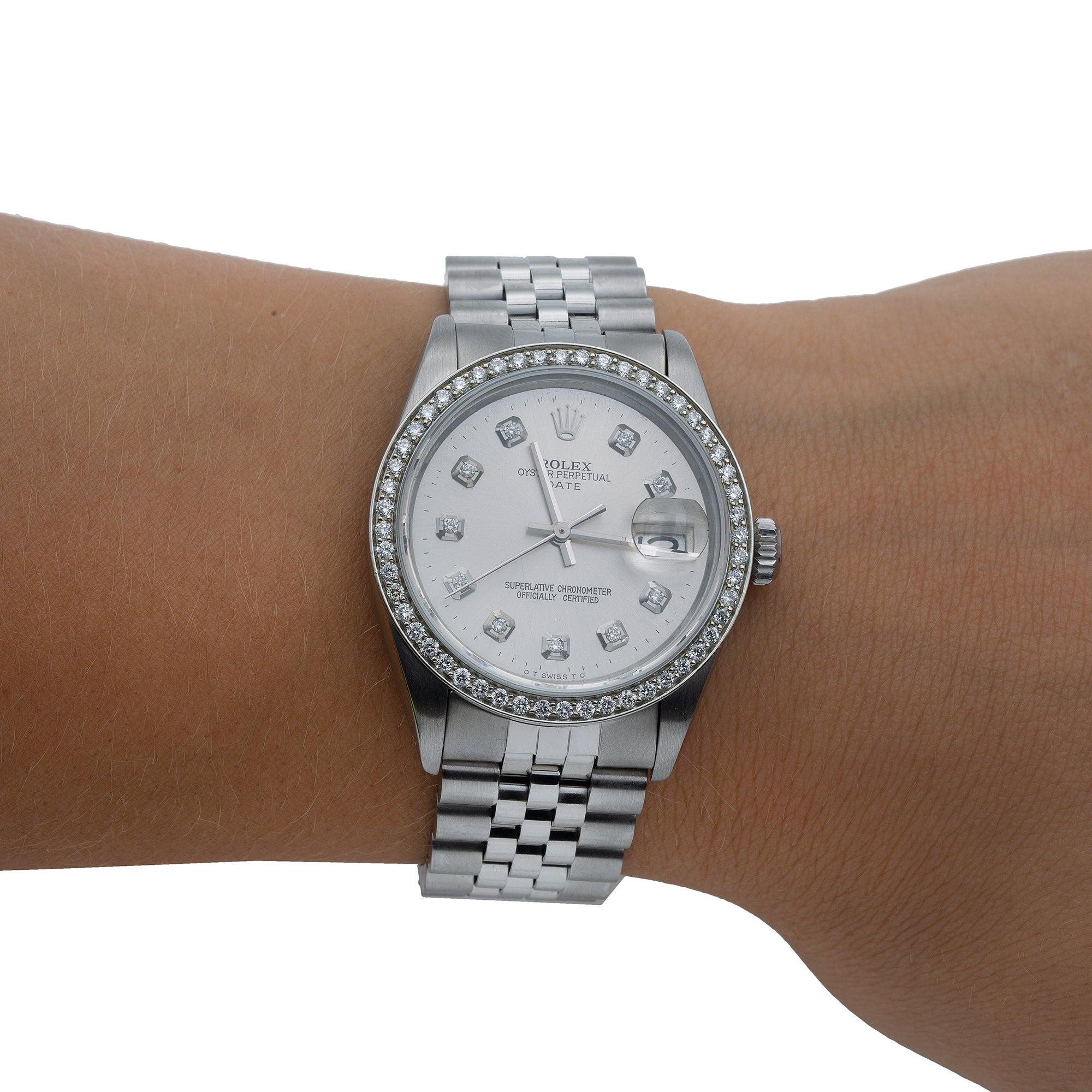 Rolex Date 34MM 1501 Silver Diamond Dial Diamond Bezel Stainless Steel Jubilee Bracelet 1.2ct