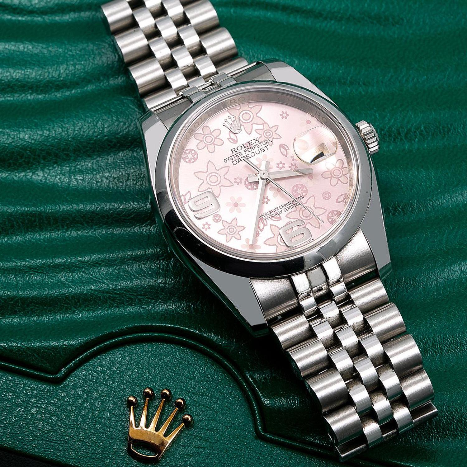 Rolex Datejust 36MM 116200 Pink Floral Arabic Dial Smooth Bezel Stainless Steel Jubilee Bracelet