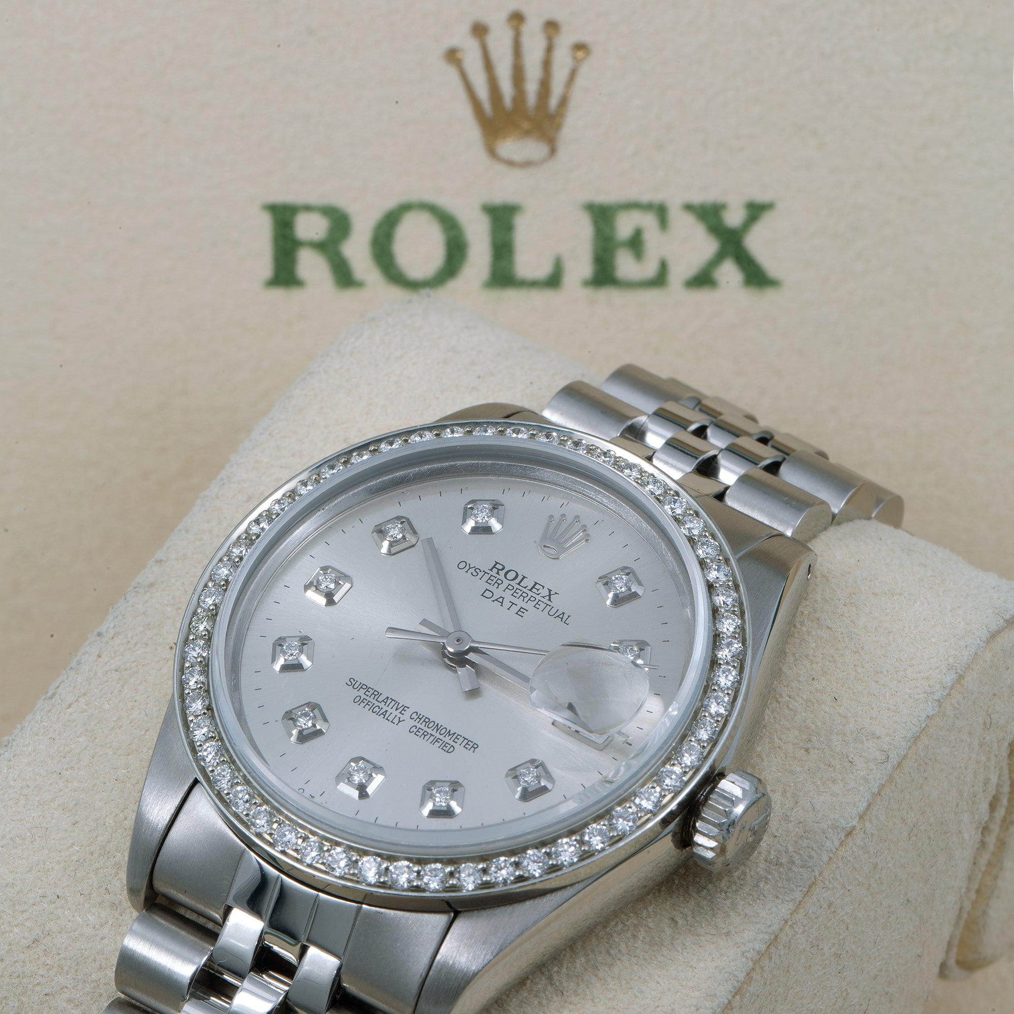 Rolex Date 34MM 1501 Silver Diamond Dial Diamond Bezel Stainless Steel Jubilee Bracelet 1.2ct