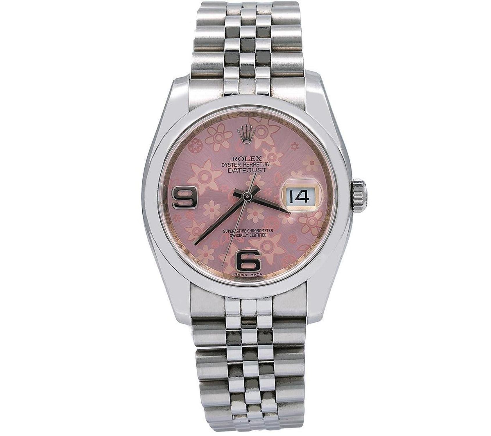 Rolex Datejust 36MM 116200 Pink Floral Arabic Dial Smooth Bezel Stainless Steel Jubilee Bracelet