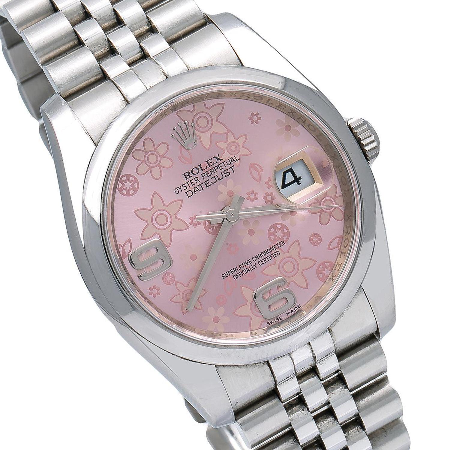 Rolex Datejust 36MM 116200 Pink Floral Arabic Dial Smooth Bezel Stainless Steel Jubilee Bracelet