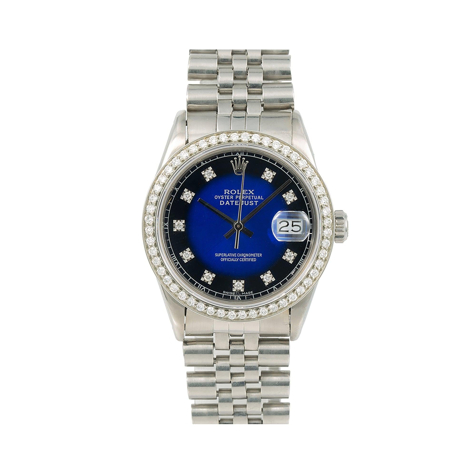 Rolex Datejust 36MM 1601 Blue Diamond Dial Diamond Bezel Stainless Steel Jubilee Bracelet