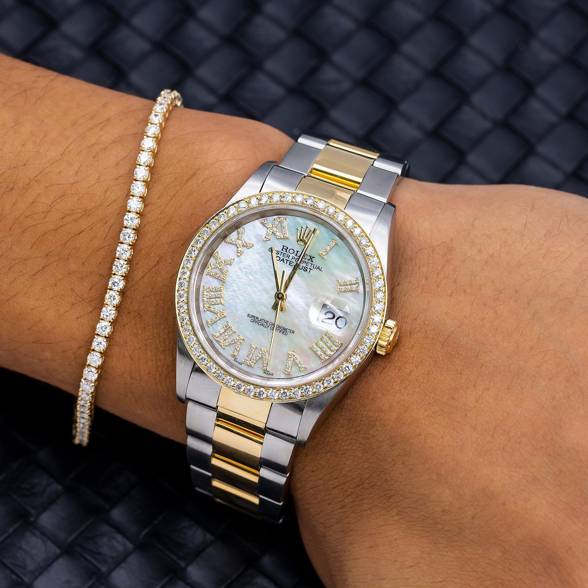 Rolex Datejust 36MM 16203 Mother of Pearl Roman Diamond Dial Diamond Bezel Two Tone Yellow Gold Oyster Bracelet