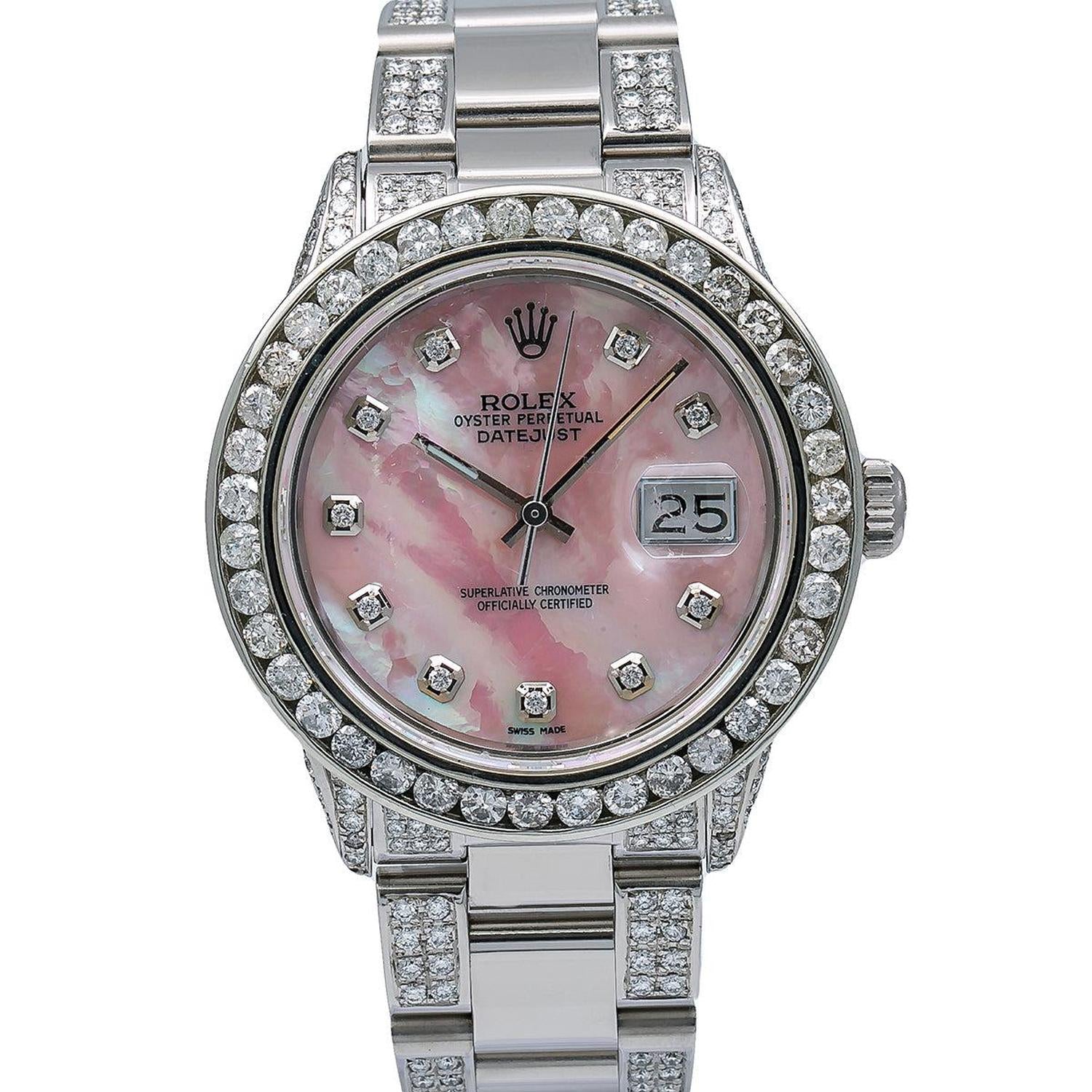 Rolex Datejust 36MM 16014 Pink Mother of Pearl Diamond Dial Diamond Bezel Stainless Steel Semi Diamond Oyster Bracelet 5.75ct
