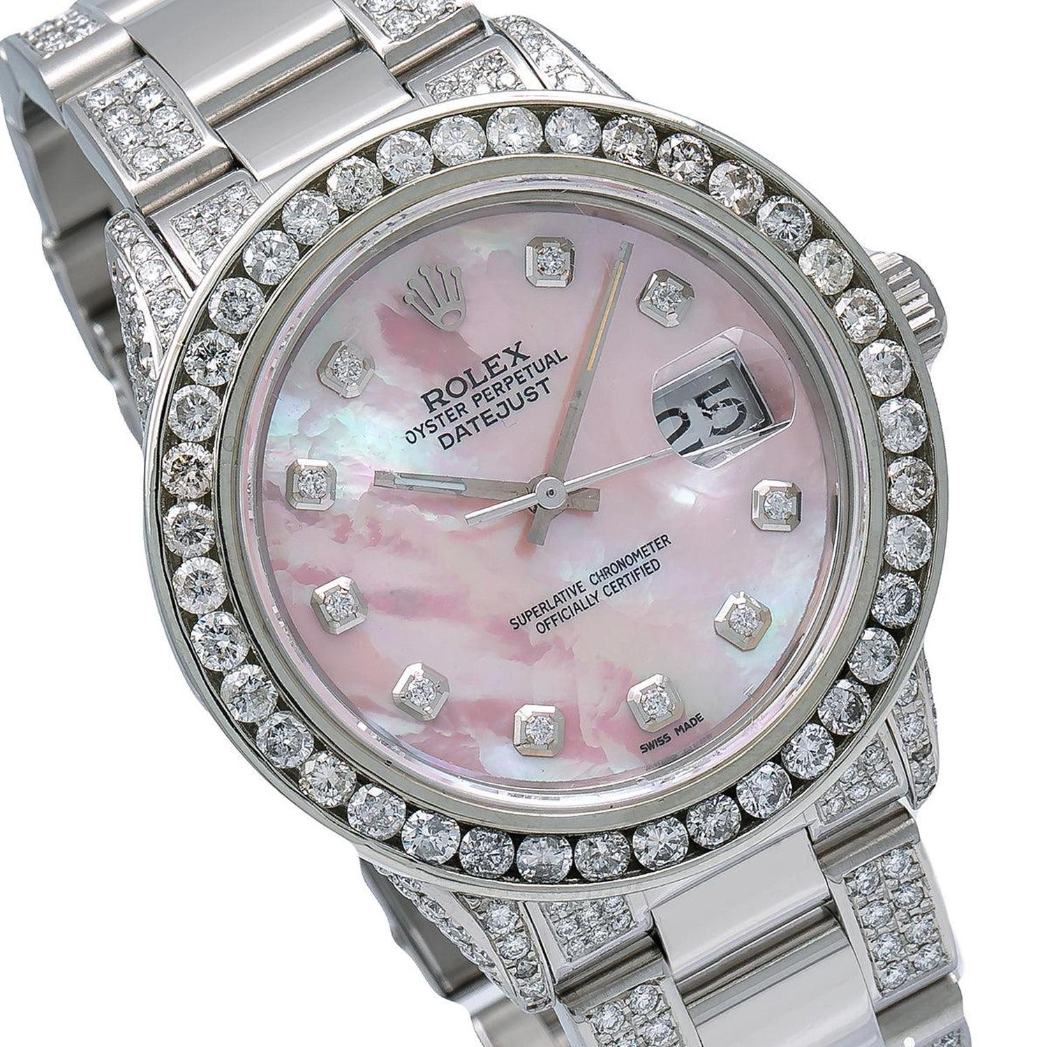 Rolex Datejust 36MM 16014 Pink Mother of Pearl Diamond Dial Diamond Bezel Stainless Steel Semi Diamond Oyster Bracelet 5.75ct