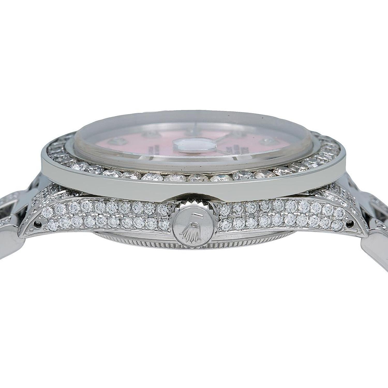 Rolex Datejust 36MM 16014 Pink Mother of Pearl Diamond Dial Diamond Bezel Stainless Steel Semi Diamond Oyster Bracelet 5.75ct