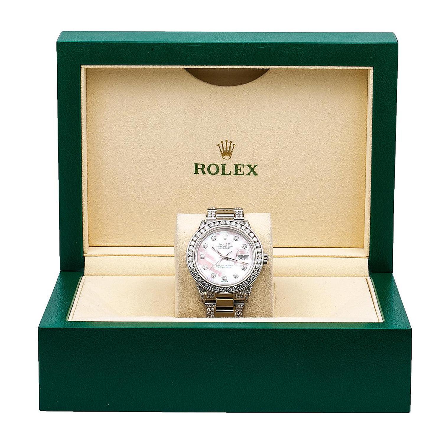 Rolex Datejust 36MM 16014 Pink Mother of Pearl Diamond Dial Diamond Bezel Stainless Steel Semi Diamond Oyster Bracelet 5.75ct