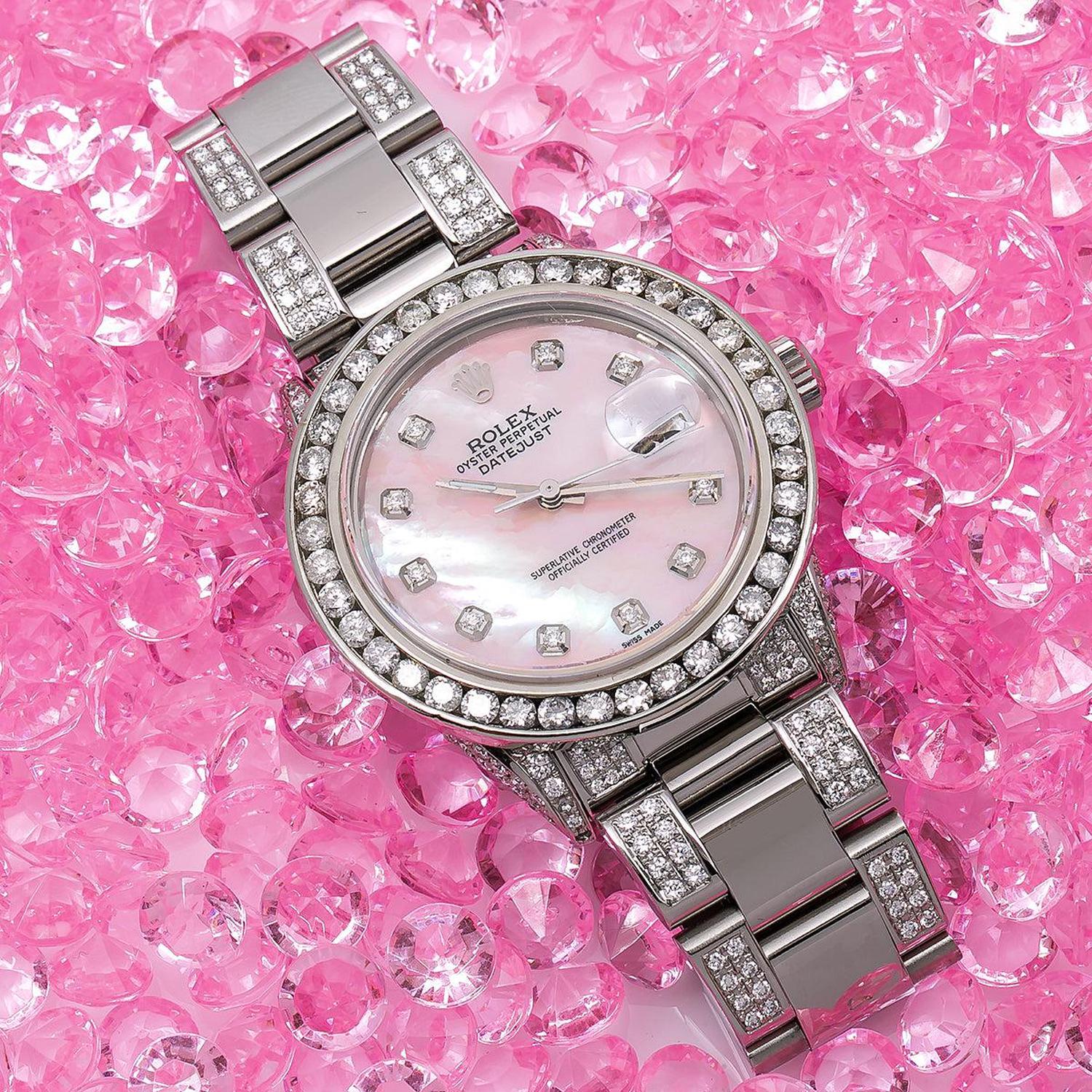 Rolex Datejust 36MM 16014 Pink Mother of Pearl Diamond Dial Diamond Bezel Stainless Steel Semi Diamond Oyster Bracelet 5.75ct
