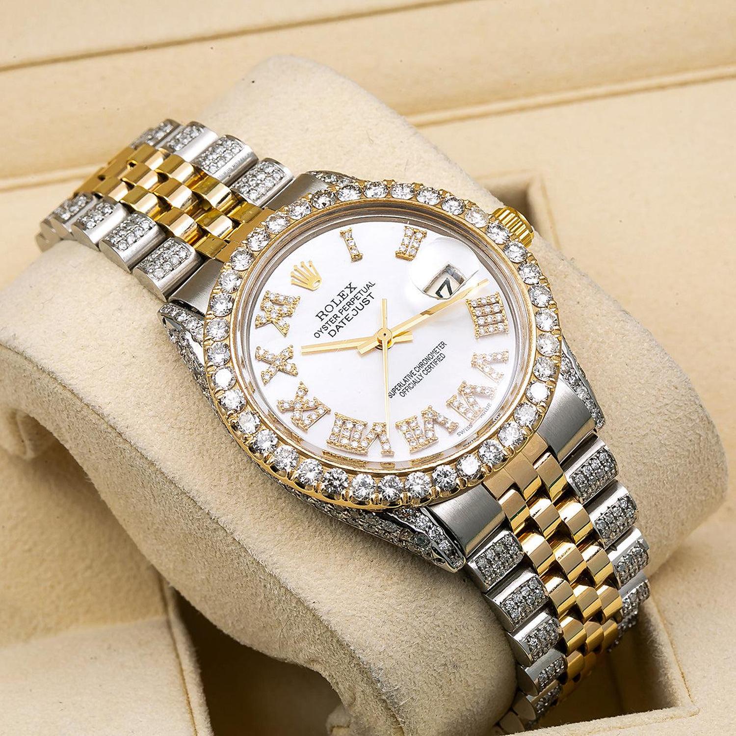 Rolex Datejust 36MM 1601 White Mother of Pearl Roman Diamond Dial Diamond Bezel Two Tone Yellow Gold Semi Diamond Jubilee Bracelet 8.75ct