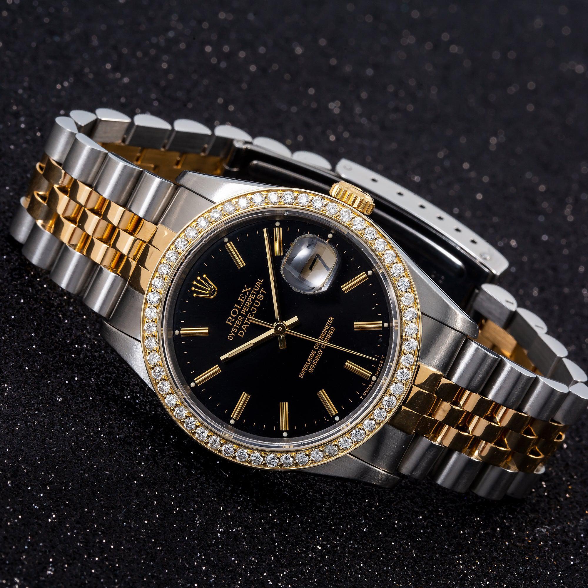 Rolex Datejust 36MM 16233 Black Dial Diamond Bezel Two Tone Yellow Gold Jubilee Bracelet