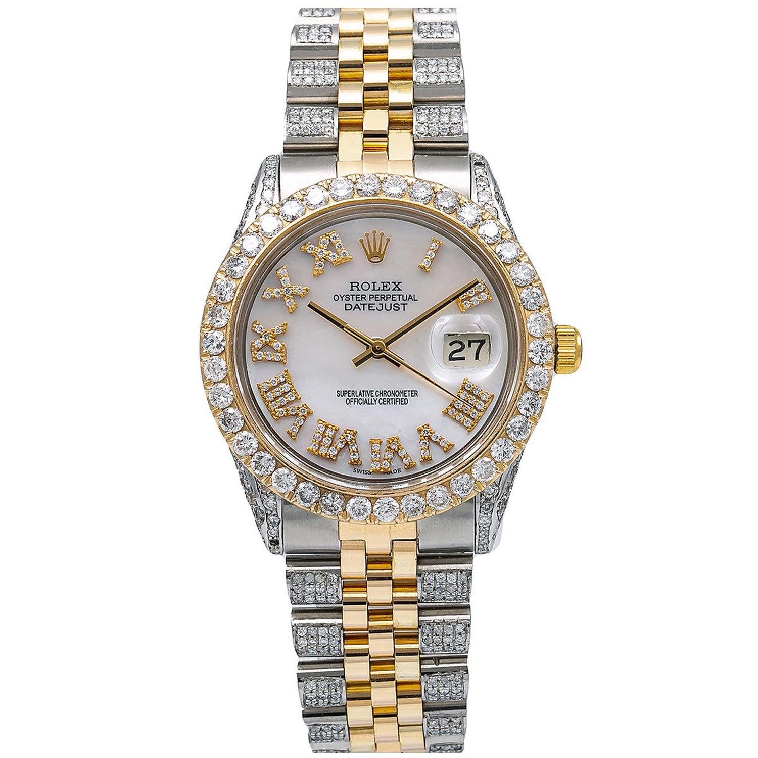 Rolex Datejust 36MM 1601 Mother of Pearl Roman Dial Diamond Bezel Two Tone Semi Diamond Jubilee Bracelet 8.75ct