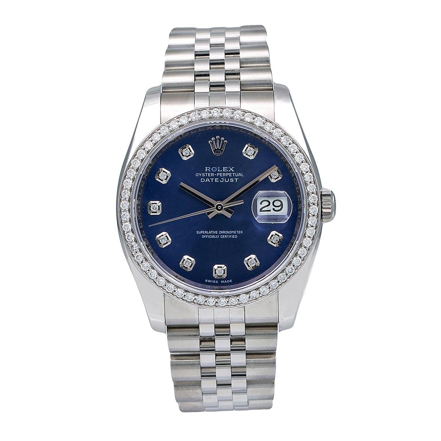 Rolex Datejust 36MM 116234 Blue Diamond Dial Diamond Bezel Stainless Steel Jubilee Bracelet 1.2ct