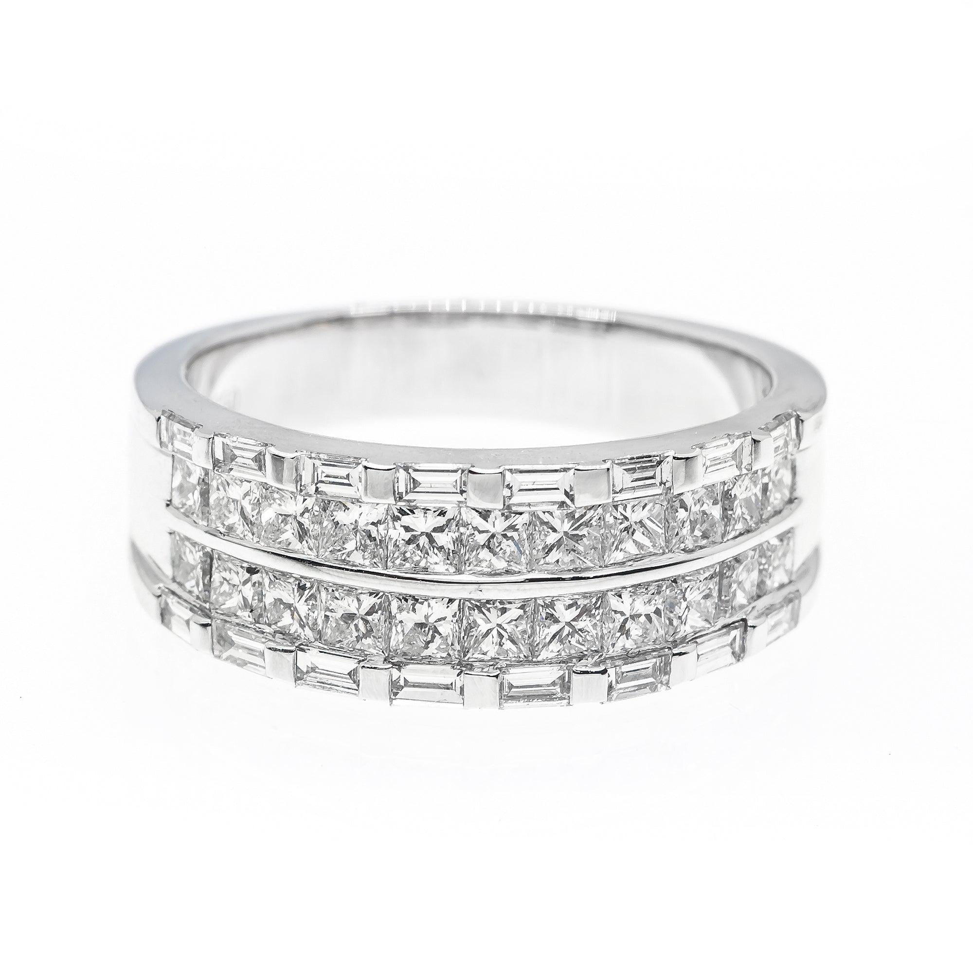 UNISEX 18K WHITE GOLD DIAMOND BAND WITH ROUND AND PRINCESS CUT DIAMONDS