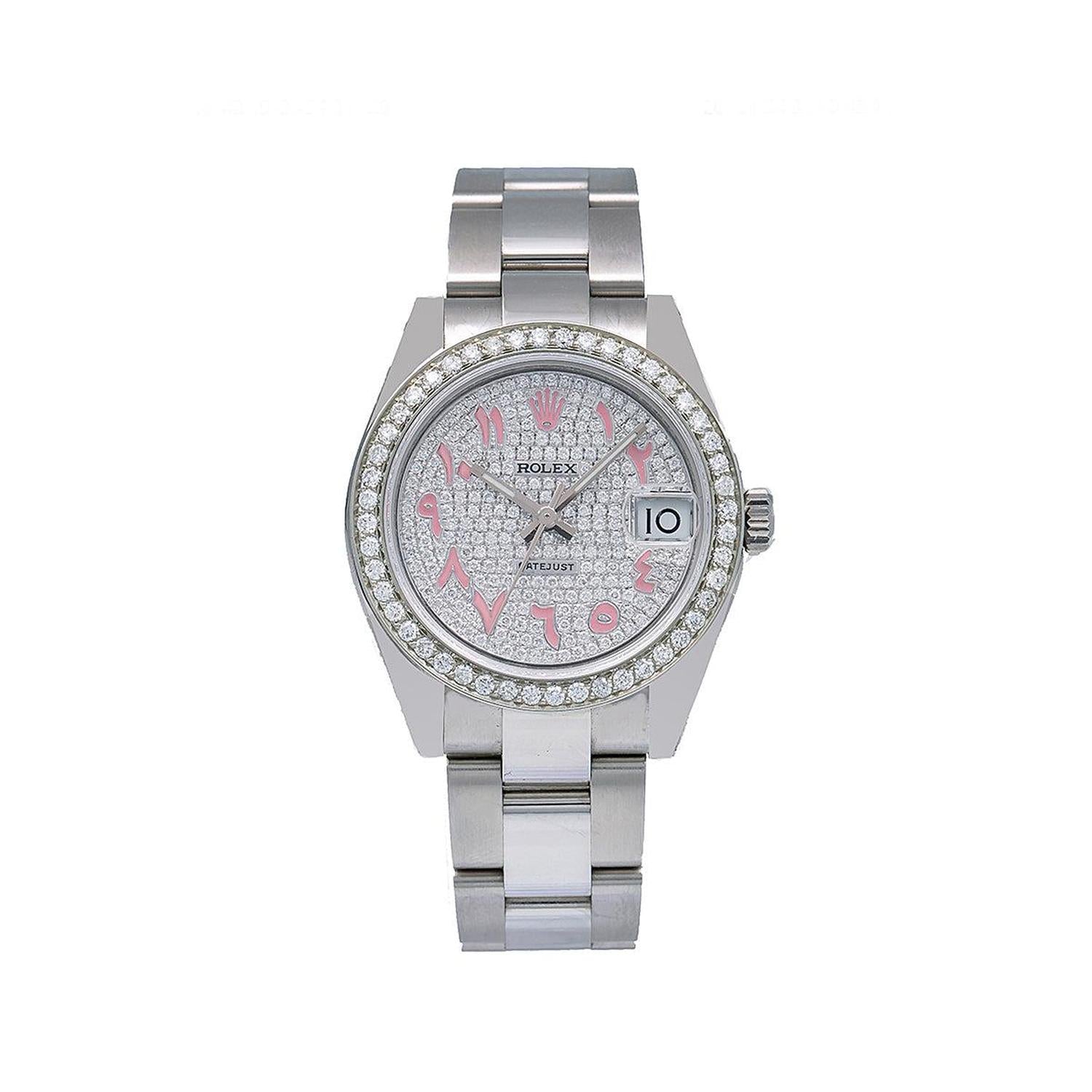 Rolex Datejust 31MM 178240 Diamond Paved Pink Eastern Arabic Dial Diamond Bezel Stainless Steel Oyster Bracelet 2.75ct