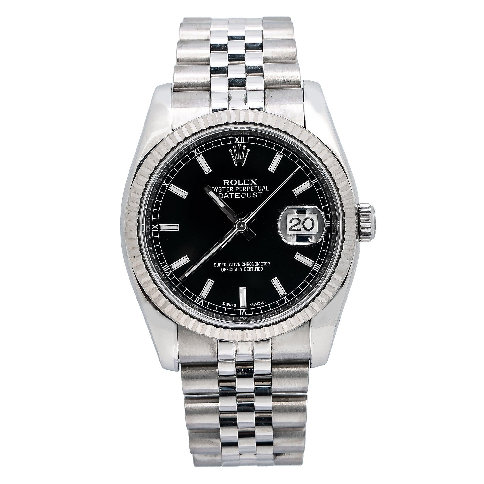 Rolex Datejust 36MM 116234 Black Dial White Gold Fluted Bezel Stainless Steel Jubilee Bracelet