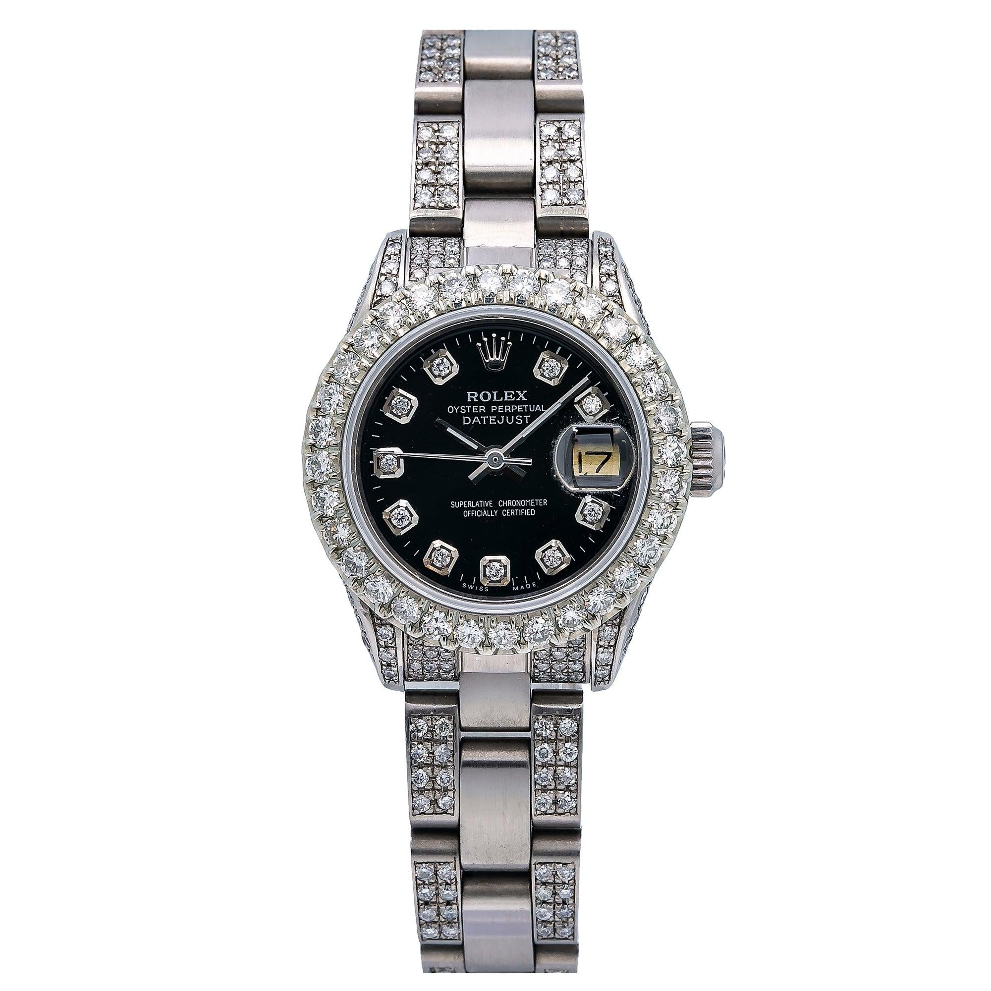 Rolex Datejust 26MM 6916 Black Diamond Dial Diamond Bezel Stainless Steel Semi Diamond Oyster Bracelet 4.25ct
