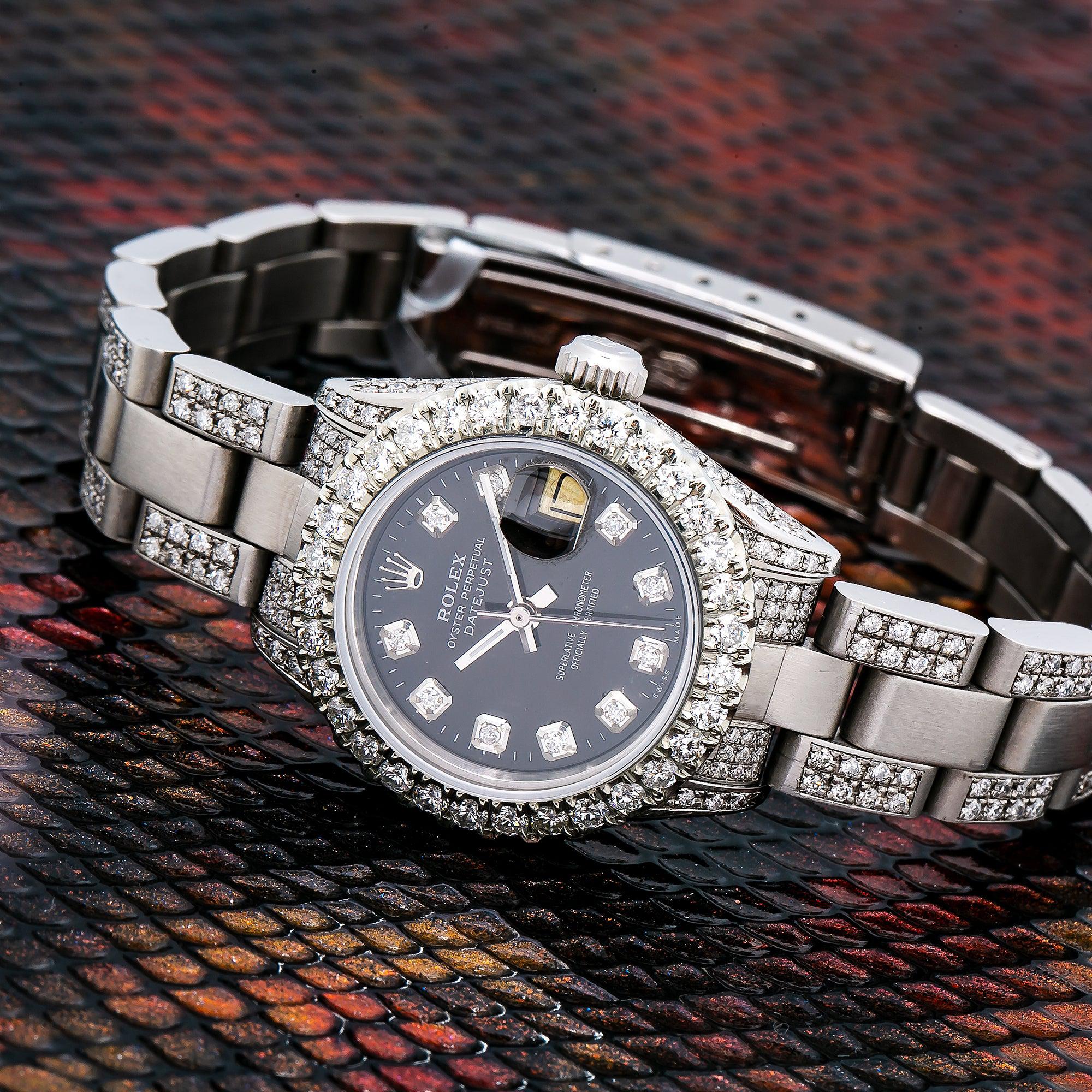 Rolex Datejust 26MM 6916 Black Diamond Dial Diamond Bezel Stainless Steel Semi Diamond Oyster Bracelet 4.25ct