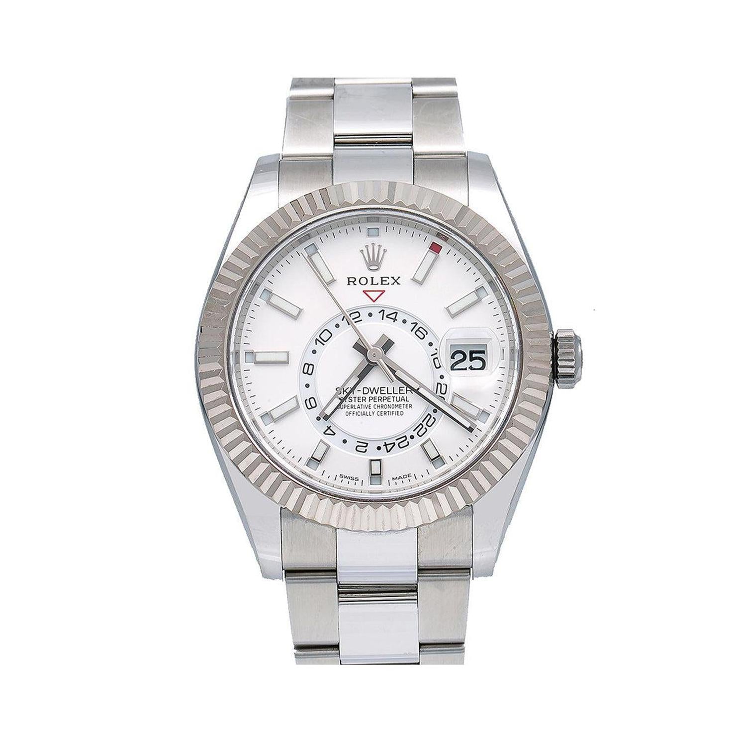 Rolex Sky-Dweller 42MM 326934 White Dial White Gold Fluted Bezel Stainless Steel Oyster Bracelet