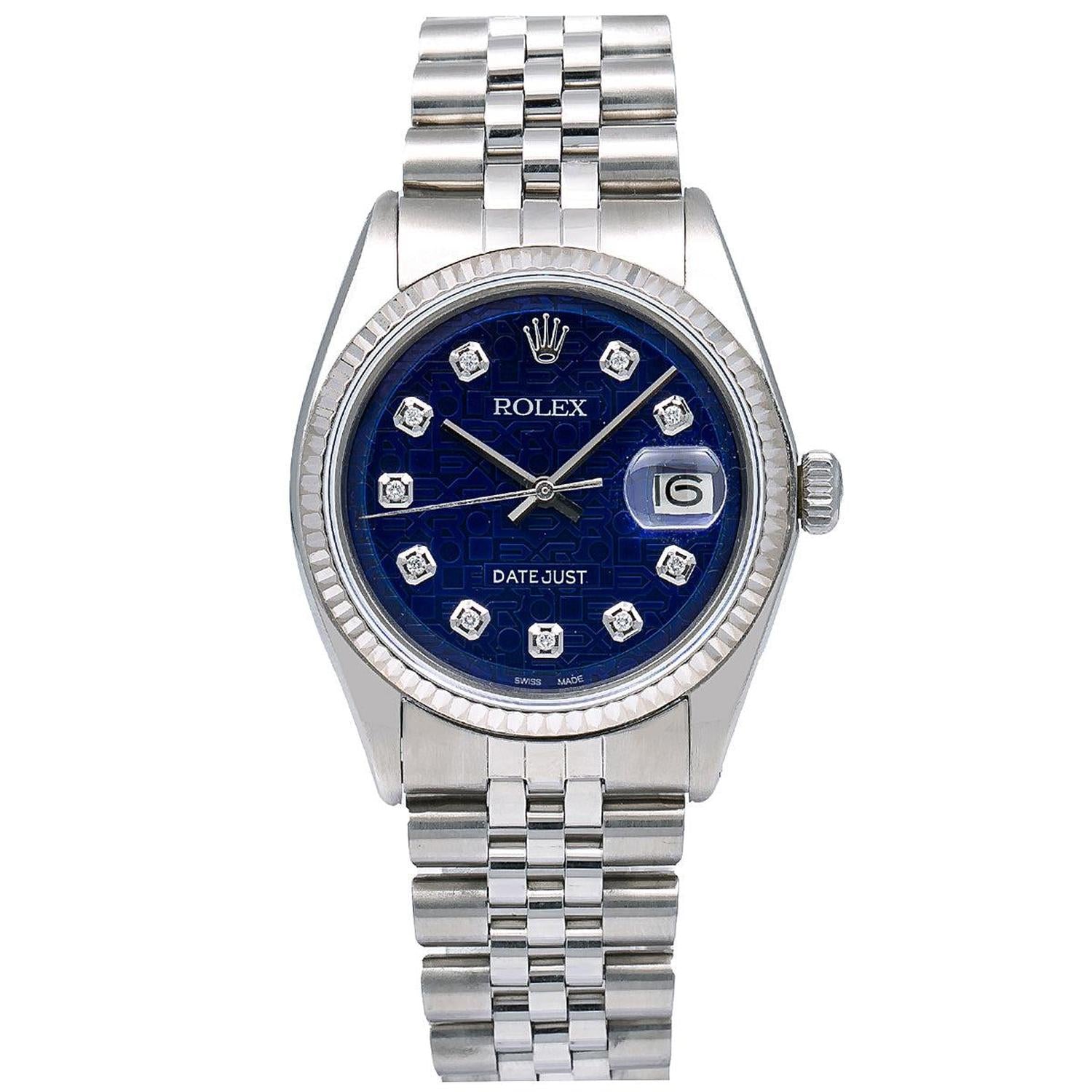 Rolex Datejust 36MM 1601 Blue Diamond Dial White Gold Fluted Bezel Stainless Steel Jubilee Bracelet