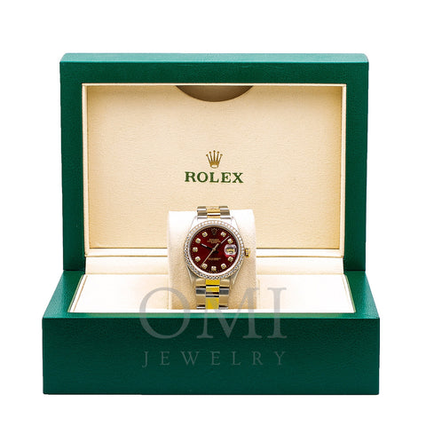 Rolex Oyster Perpetual Diamond Watch, Date 1505 34mm, Red Diamond Dial With 1.20 CT Diamonds