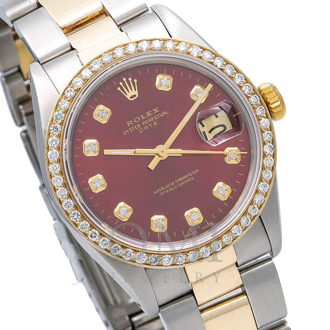 Rolex Oyster Perpetual Diamond Watch, Date 1505 34mm, Red Diamond Dial With 1.20 CT Diamonds