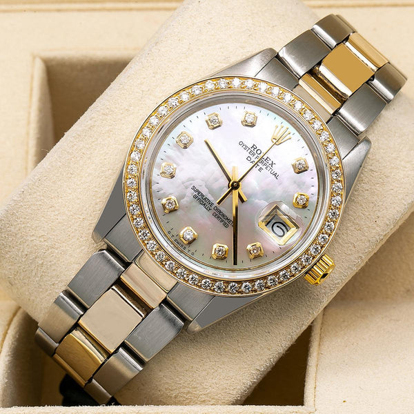 Rolex Oyster Perpetual Date 2-Tone 18K Gold/SS 34mm Automatic Watch w/MOP  Diamond Dial & Bezel