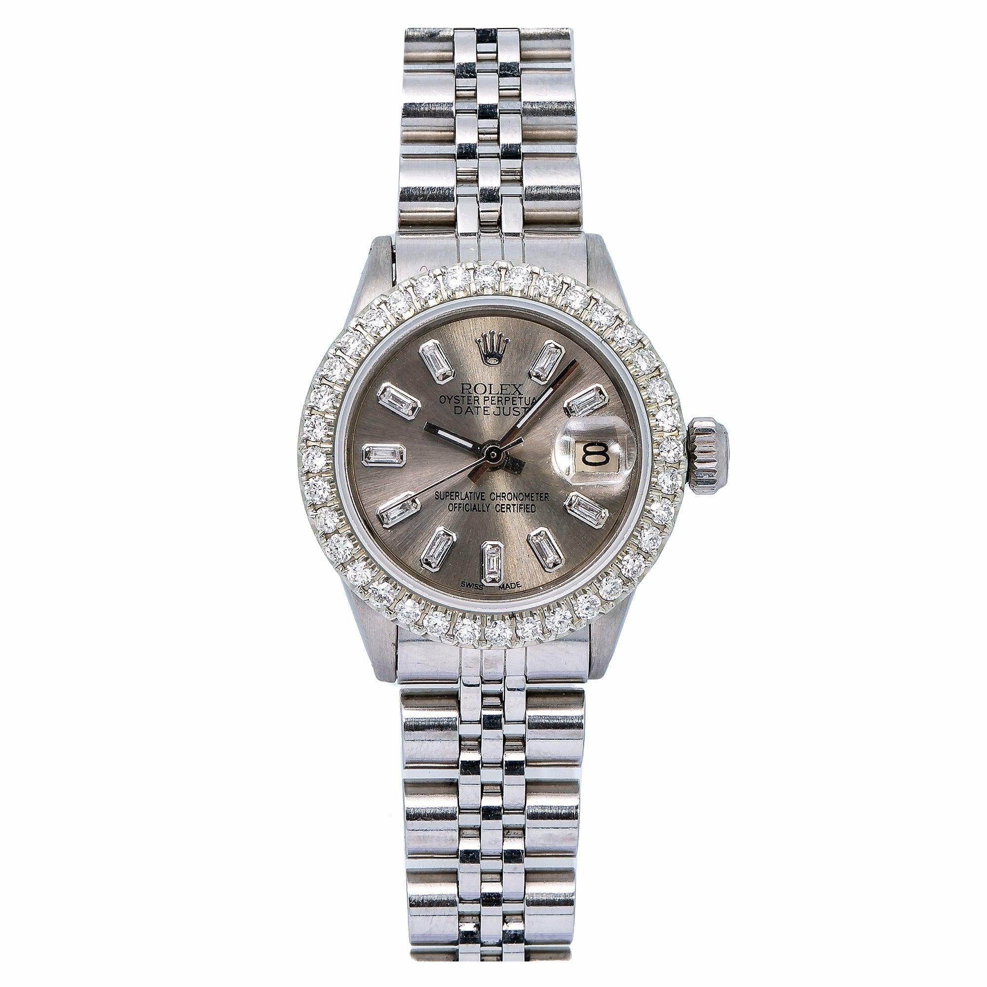 Rolex Datejust 26MM 6916 Slate Gray Baguette Diamond Dial Diamond Bezel Stainless Steel Jubilee Bracelet