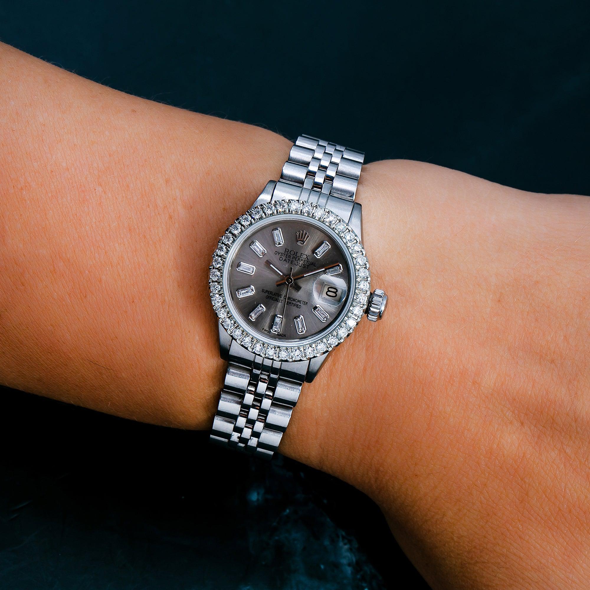 Rolex Datejust 26MM 6916 Gray Baguette Diamond Dial Diamond Bezel Stainless Steel Jubilee Bracelet