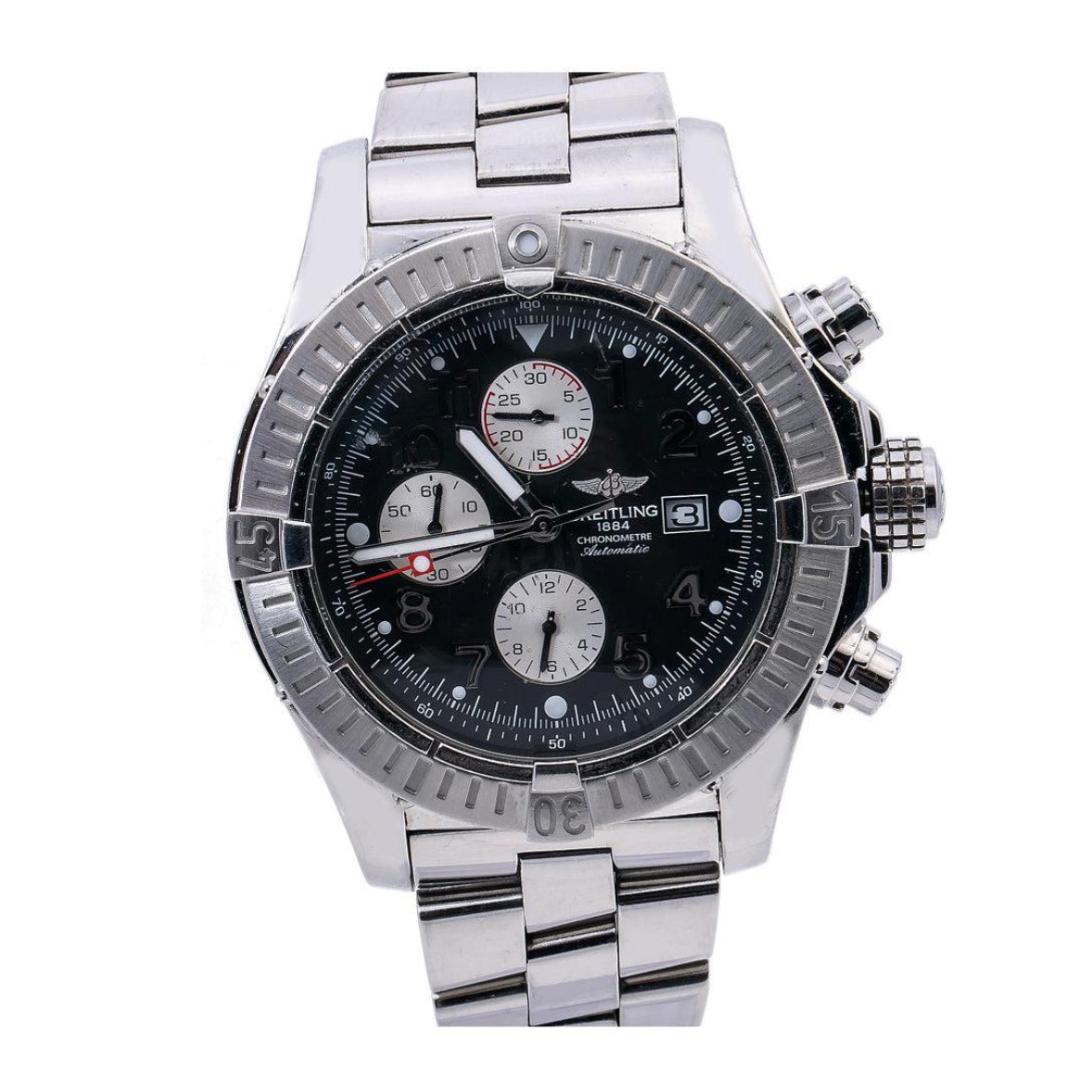 Breitling Super Avenger 48MM A13370 Black Arabic Dial Stainless Steel Bracelet