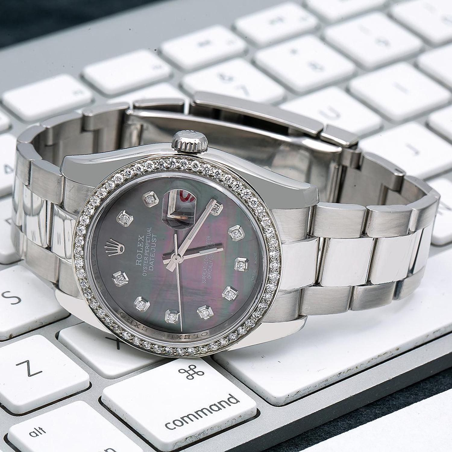 Rolex Datejust 36MM 116200 Black Mother of Pearl Diamond Dial Diamond Bezel Stainless Steel Oyster Bracelet 1.2ct