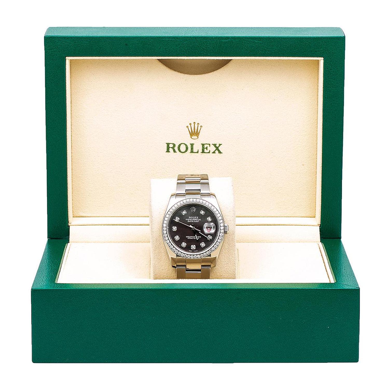 Rolex Datejust 36MM 116200 Black Mother of Pearl Diamond Dial Diamond Bezel Stainless Steel Oyster Bracelet 1.2ct