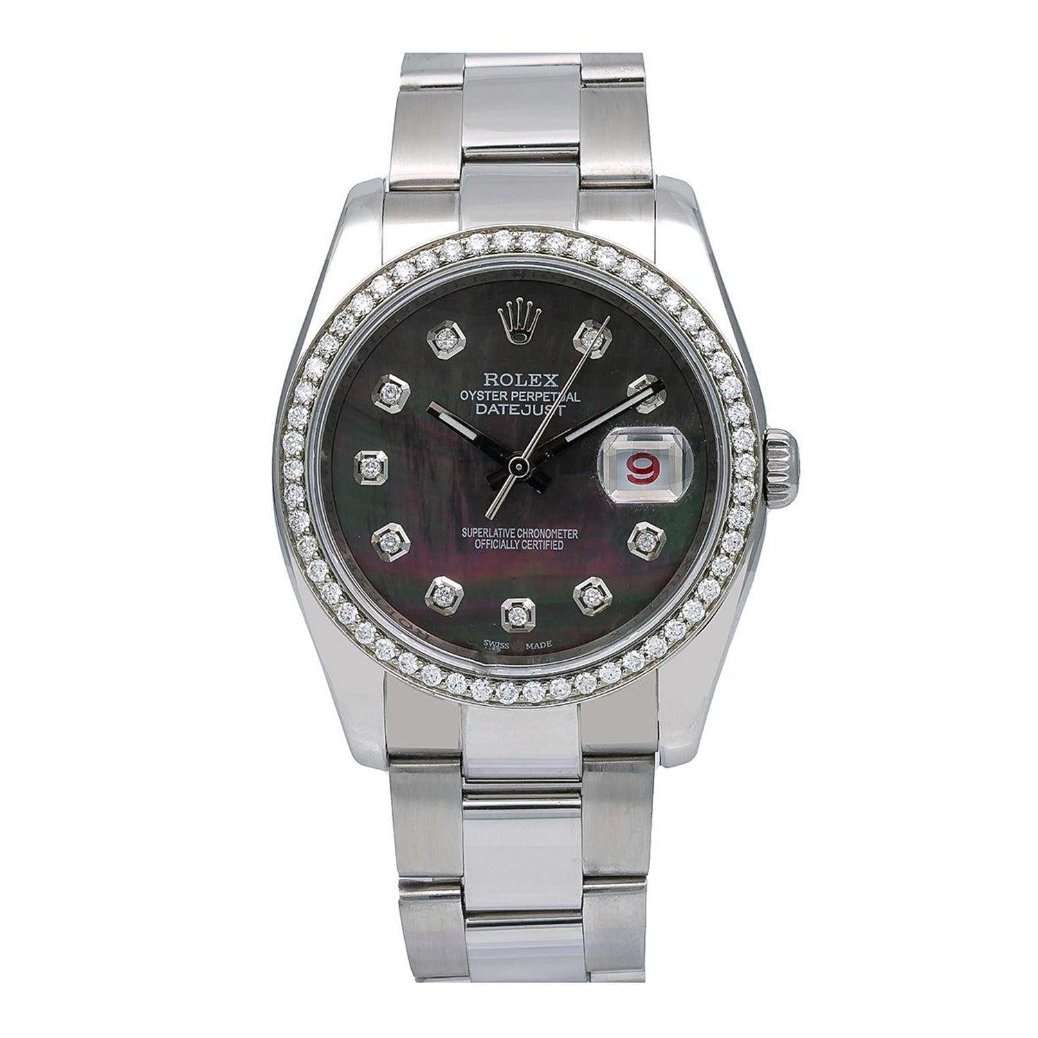 Rolex Datejust 36MM 116200 Black Mother of Pearl Diamond Dial Diamond Bezel Stainless Steel Oyster Bracelet 1.2ct