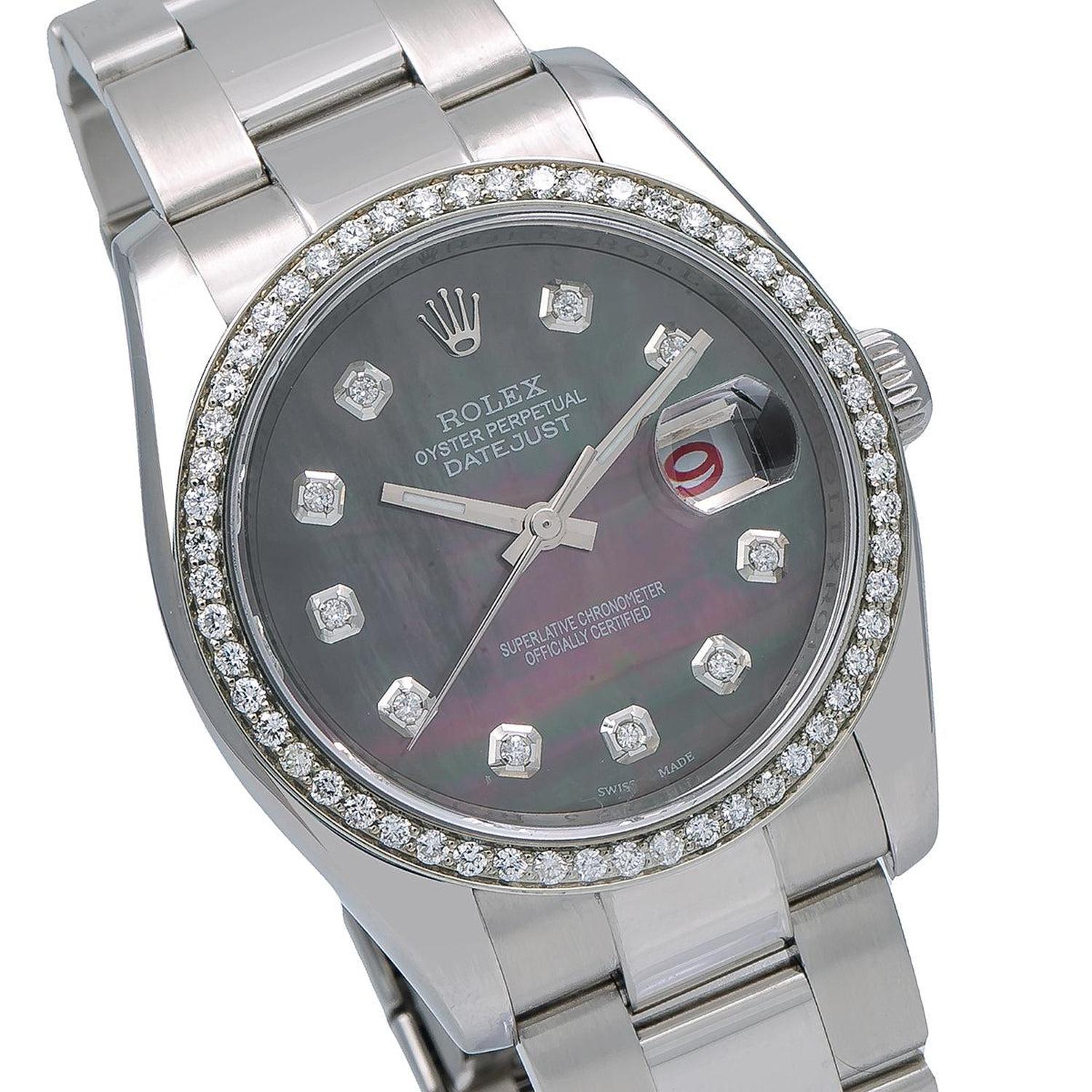 Rolex Datejust 36MM 116200 Black Mother of Pearl Diamond Dial Diamond Bezel Stainless Steel Oyster Bracelet 1.2ct