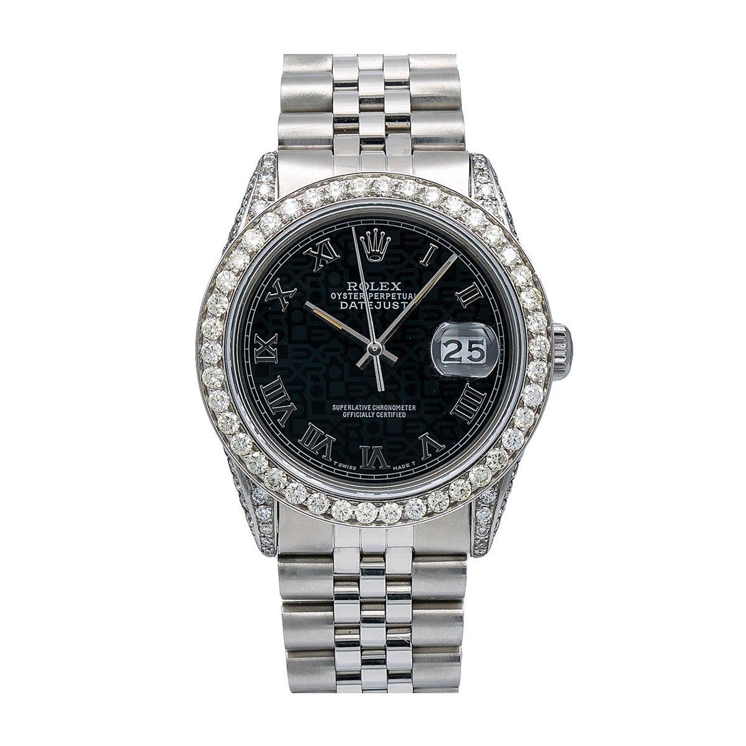 Rolex Datejust 36MM 16014 Black Roman Dial Diamond Bezel Stainless Steel Jubilee Bracelet 2.85ct