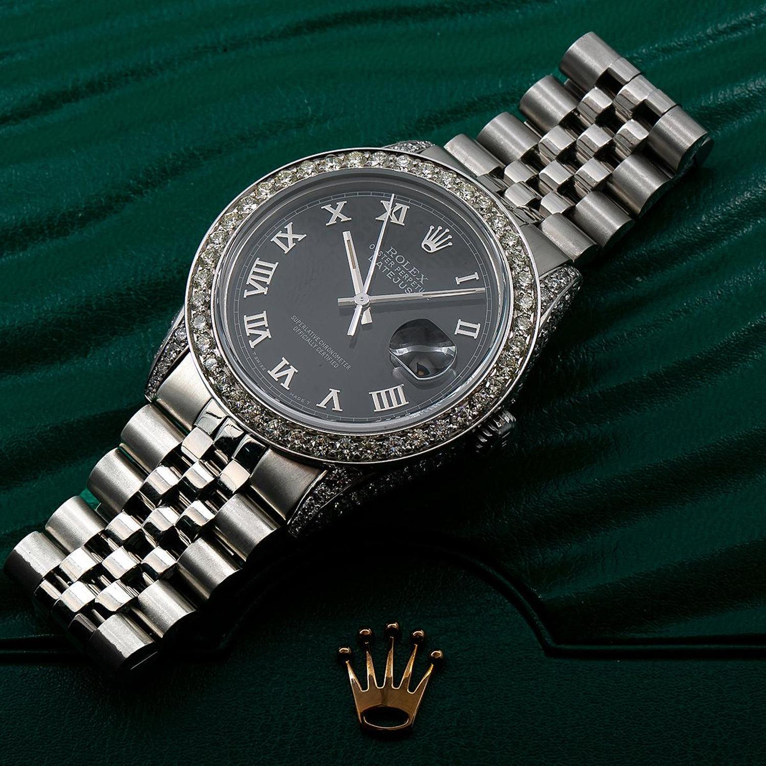Rolex Datejust 36MM 16014 Black Roman Dial Diamond Bezel Stainless Steel Jubilee Bracelet 2.85ct
