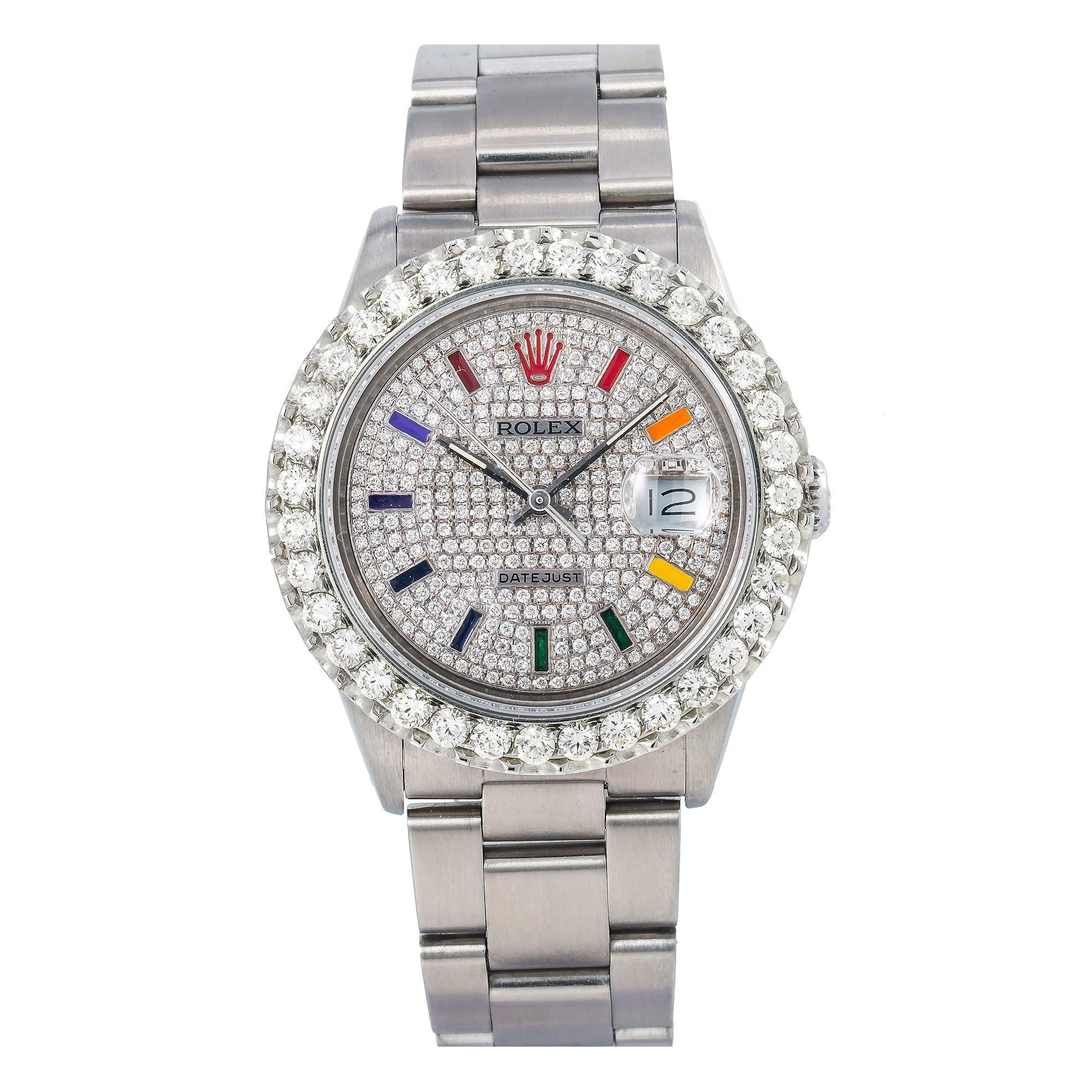 Rolex Datejust 36MM 16200 Diamond Paved Rainbow Hour Dial Diamond Bezel Stainless Steel Oyster Bracelet
