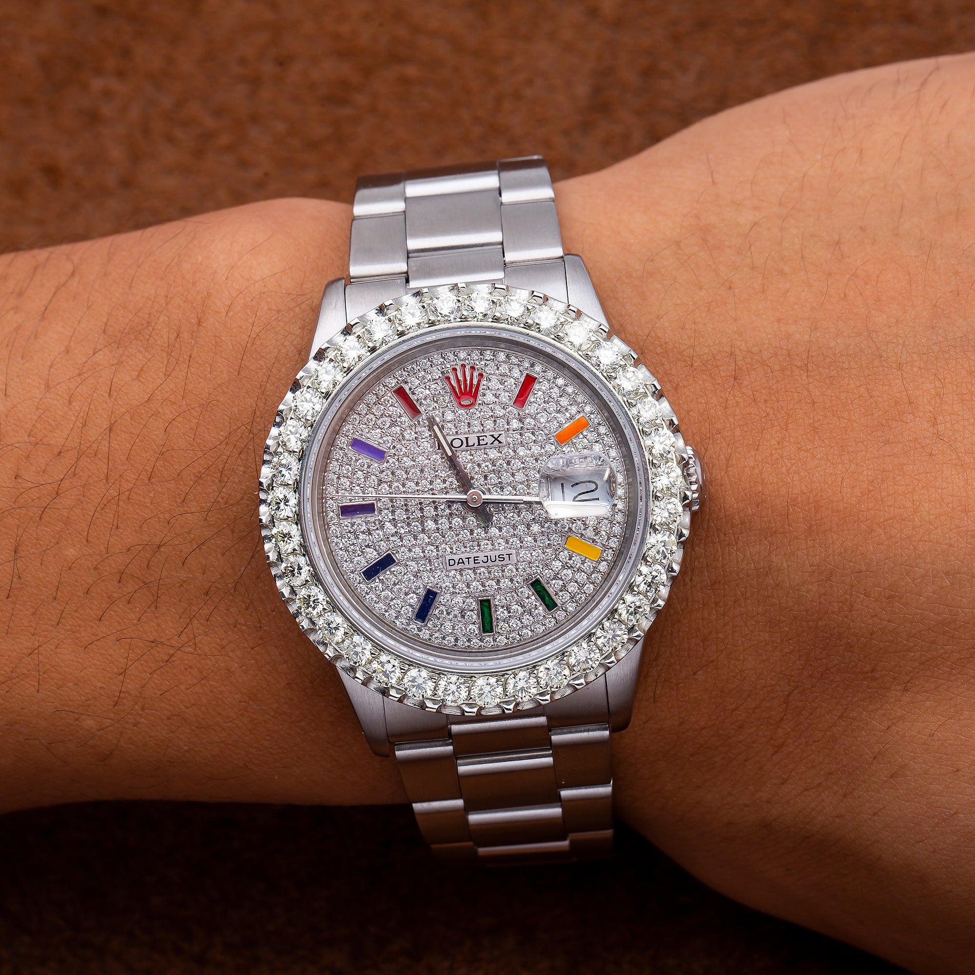 Rolex Datejust 36MM 16200 Diamond Paved Rainbow Hour Dial Diamond Bezel Stainless Steel Oyster Bracelet