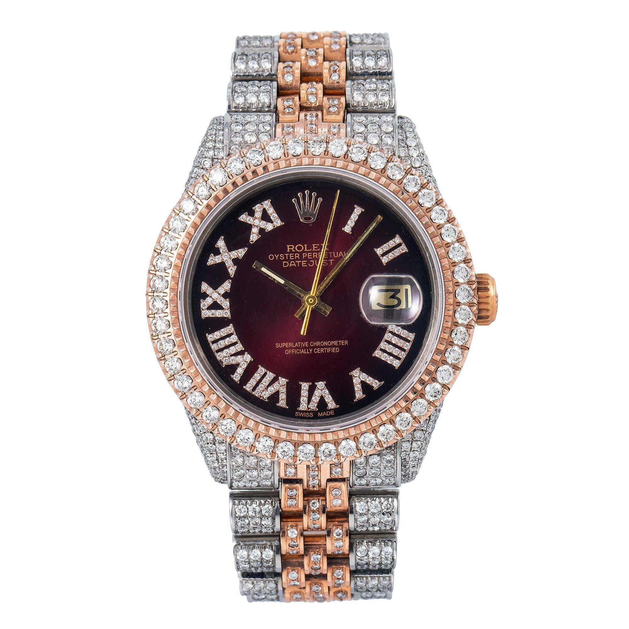 Rolex Datejust 36MM 1601 Red Roman Dial Diamond Bezel Two Tone Full Diamond Jubilee Bracelet 8.25ct