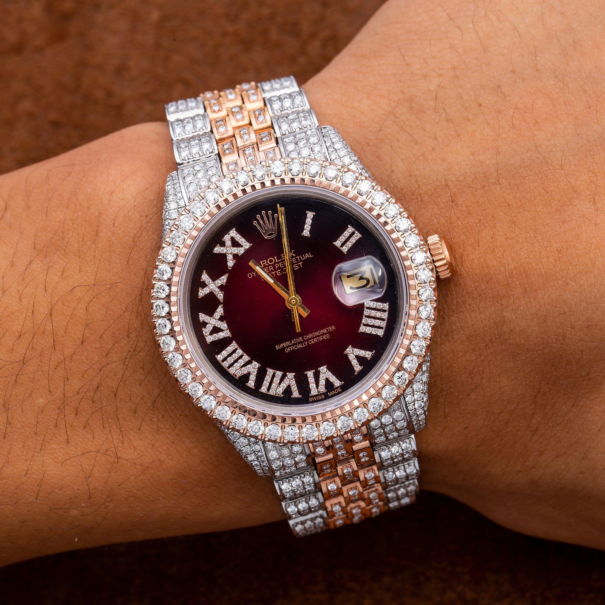 Rolex Datejust 36MM 1601 Red Roman Diamond Dial Diamond Bezel Two Tone Rose Gold Full Diamond Jubilee Bracelet 8.25ct