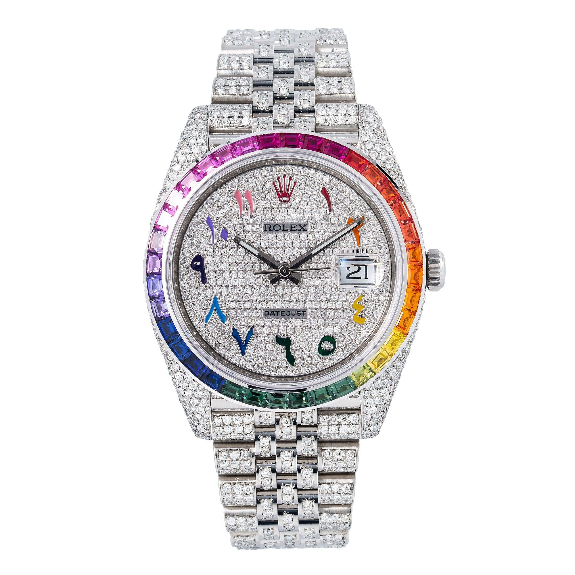 Rolex Datejust 41MM 126300 Diamond Paved Rainbow Eastern Arabic Dial Rainbow Gemstone Bezel Full Diamond Oyster Bracelet 14.75ct