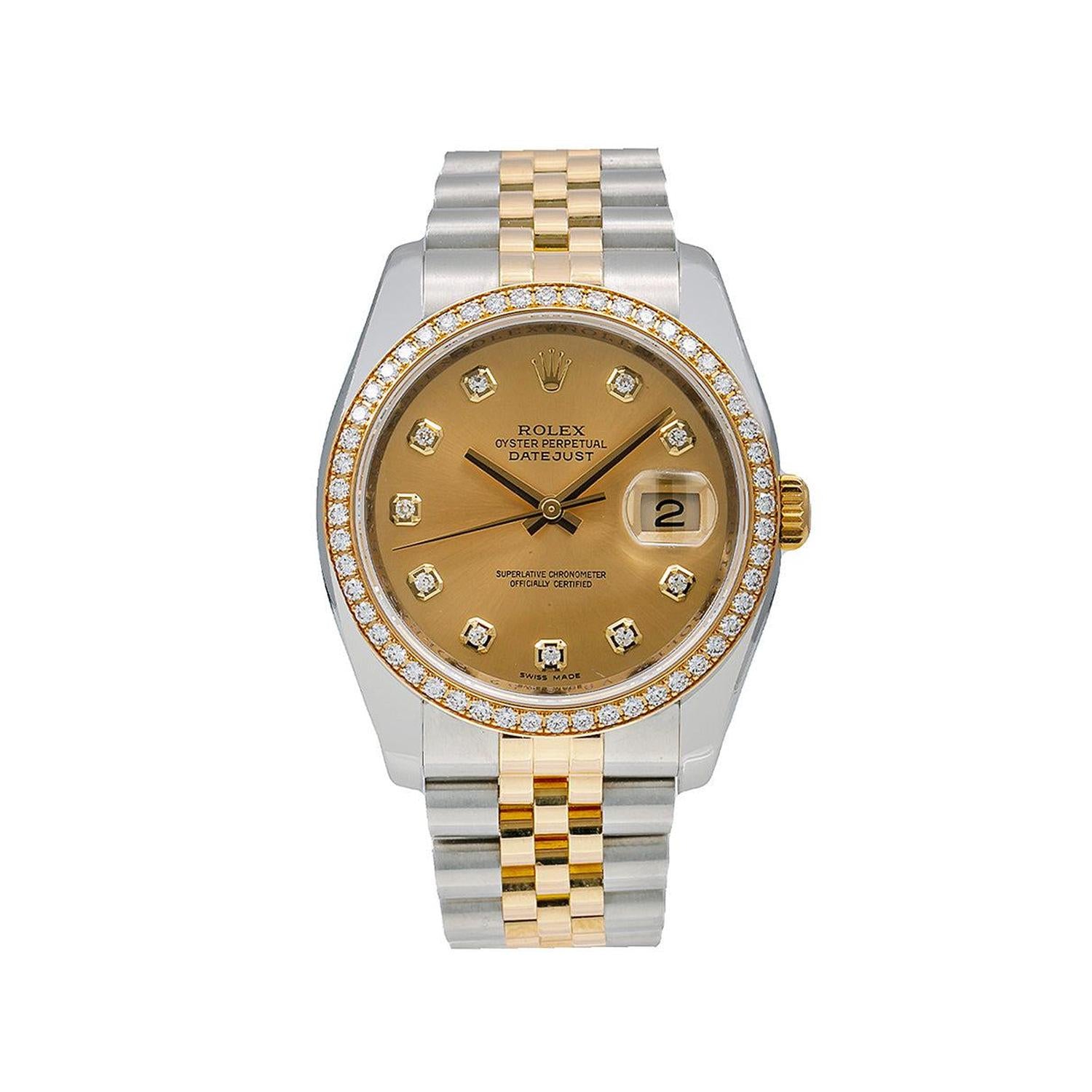 Rolex Datejust 36MM 116243 Champagne Diamond Dial Diamond Bezel Two Tone Jubilee Bracelet