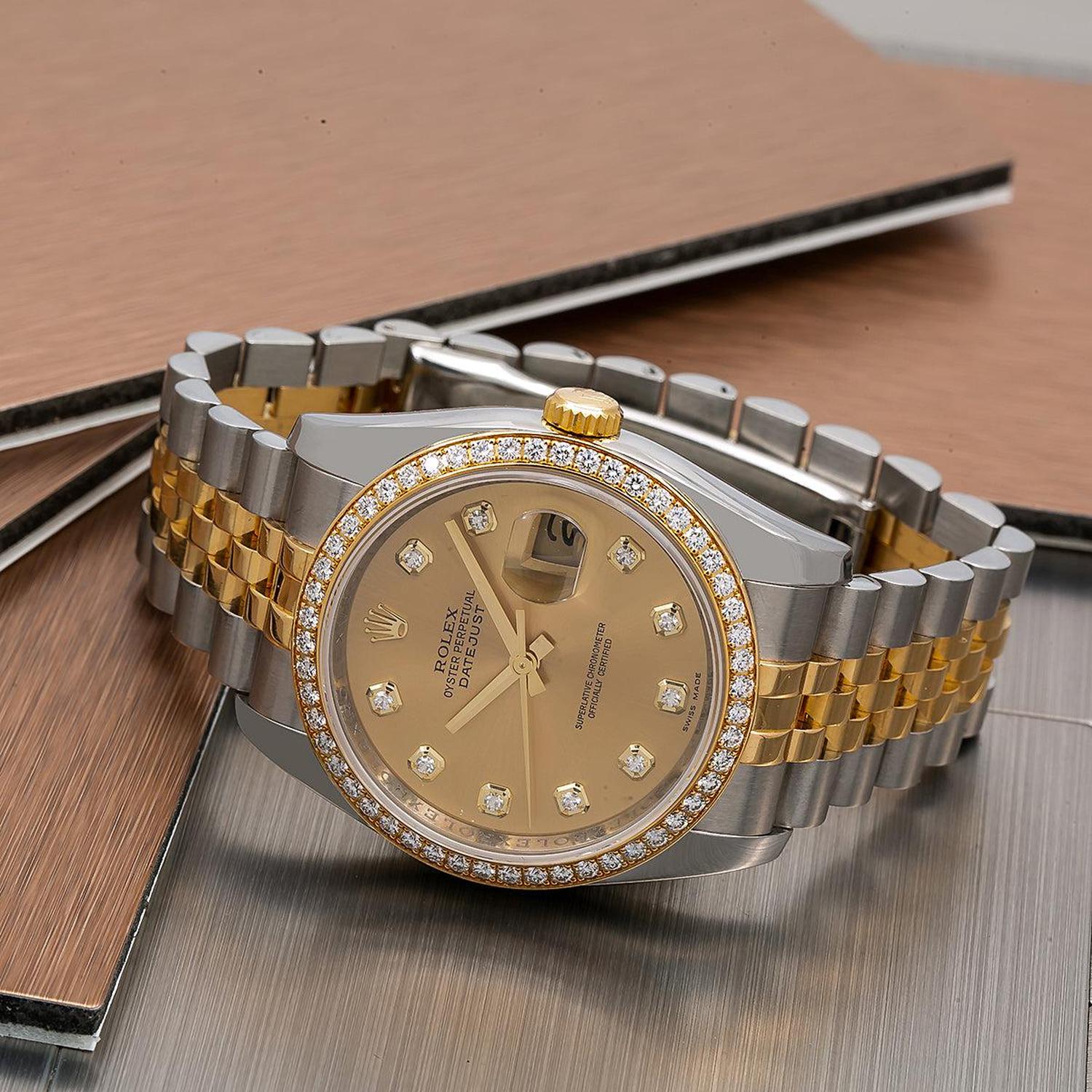 Rolex Datejust 36MM 116243 Champagne Diamond Dial Diamond Bezel Two Tone Yellow Gold Jubilee Bracelet