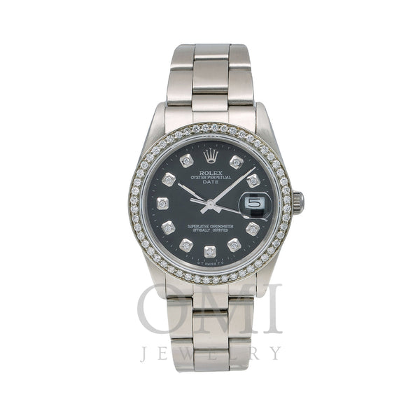 Rolex Oyster Perpetual Diamond Watch, Date 15000 34mm, Black Diamond Dial With 1.05 CT Diamonds