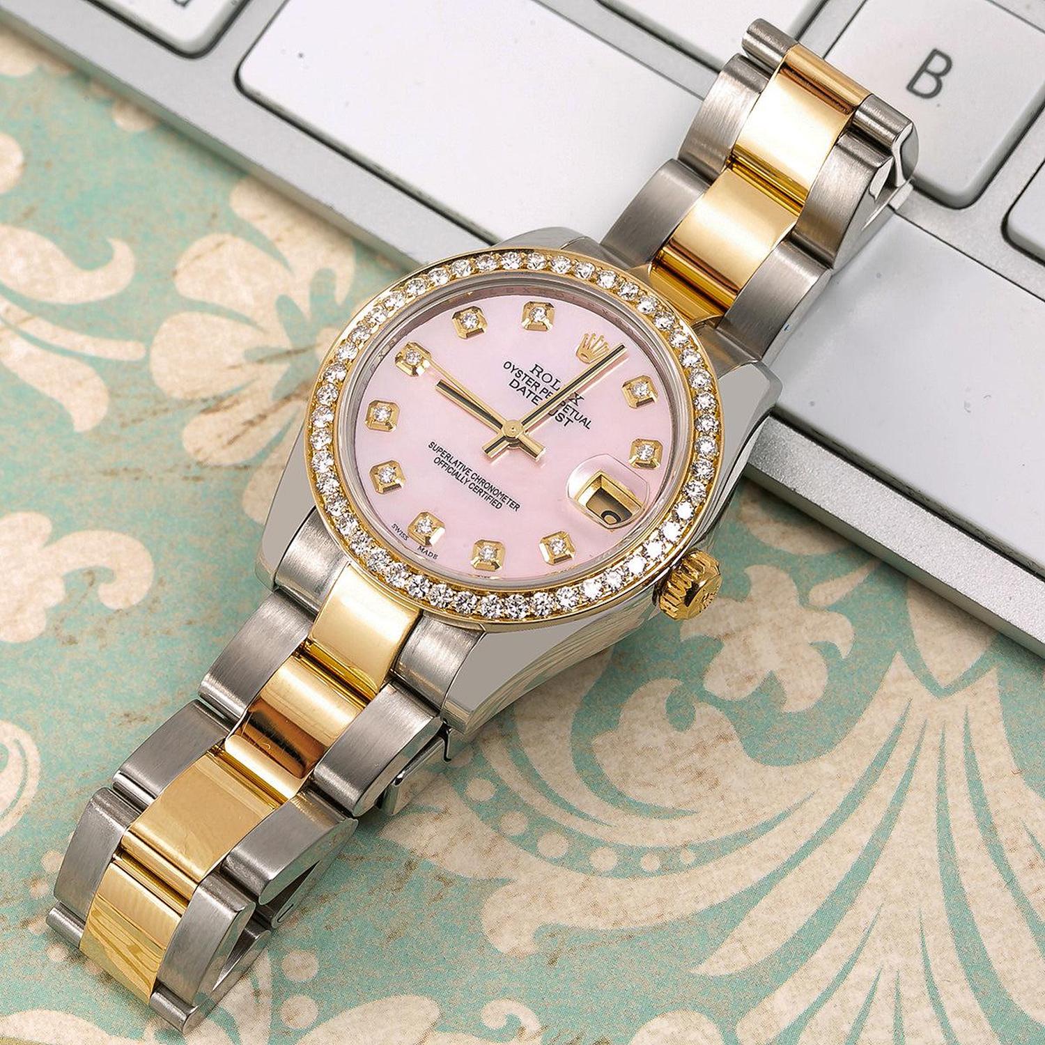 Rolex Datejust 31MM 178273 Pink Diamond Dial Diamond Bezel Two Tone Yellow Gold Oyster Bracelet 1.05ct