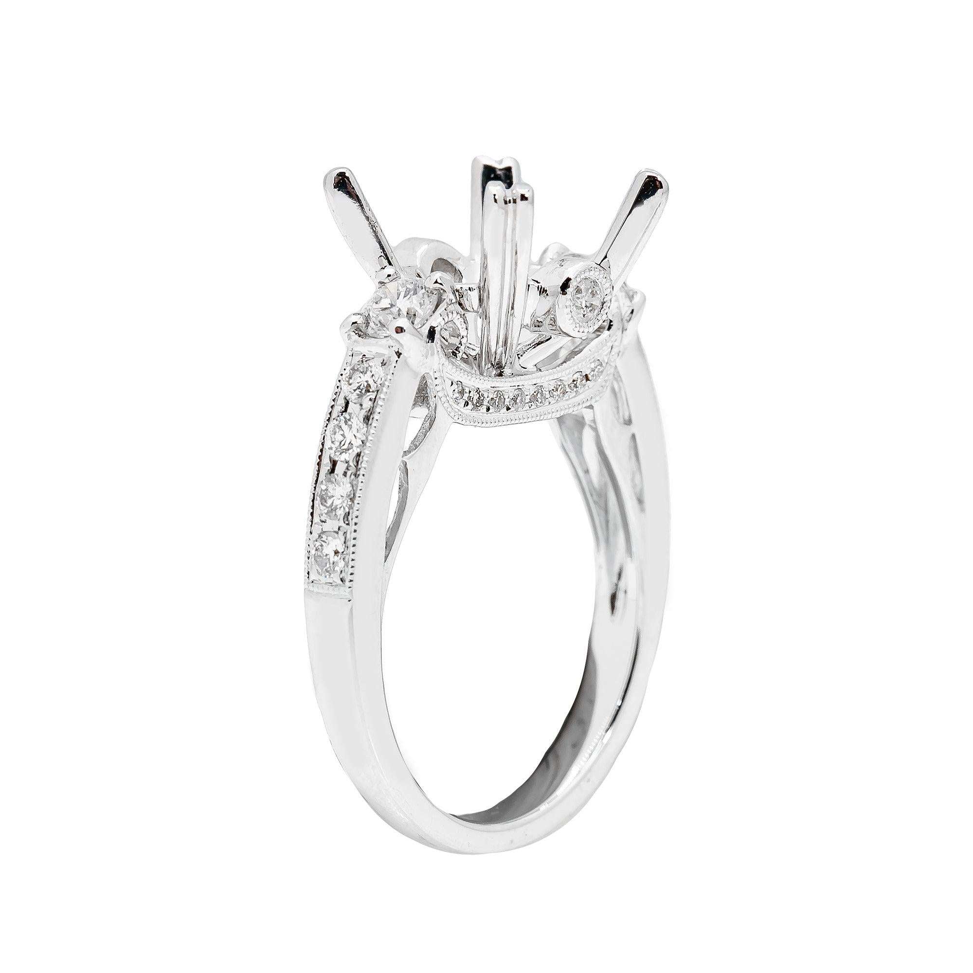 LADIES 18K WHITE GOLD DIAMOND SEMI MOUNT RING FOR ROUND CUT CENTER STONE