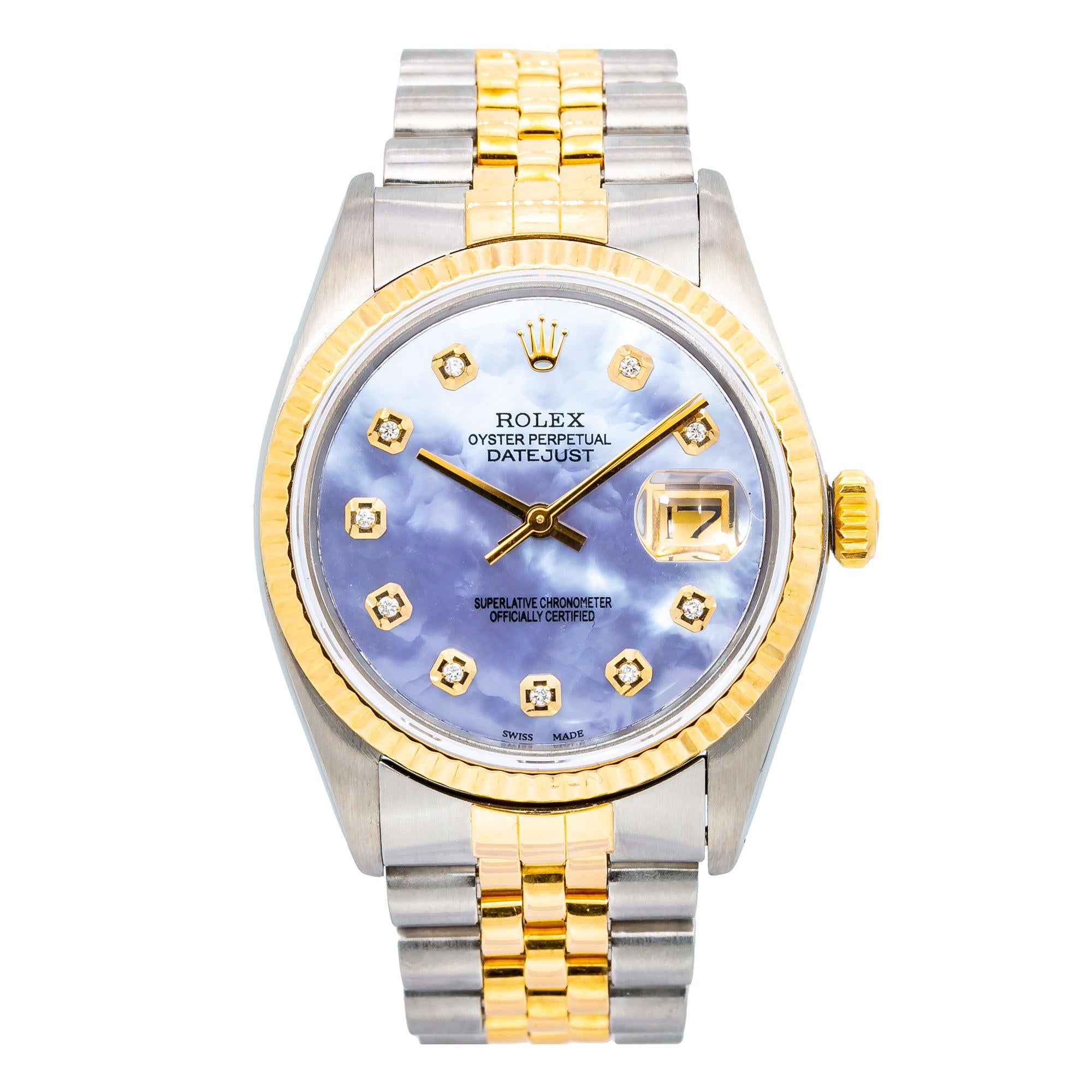Rolex Datejust 36MM 16233 Blue Mother of Pearl Diamond Dial Yellow Gold Fluted Bezel Two Tone Jubilee Bracelet