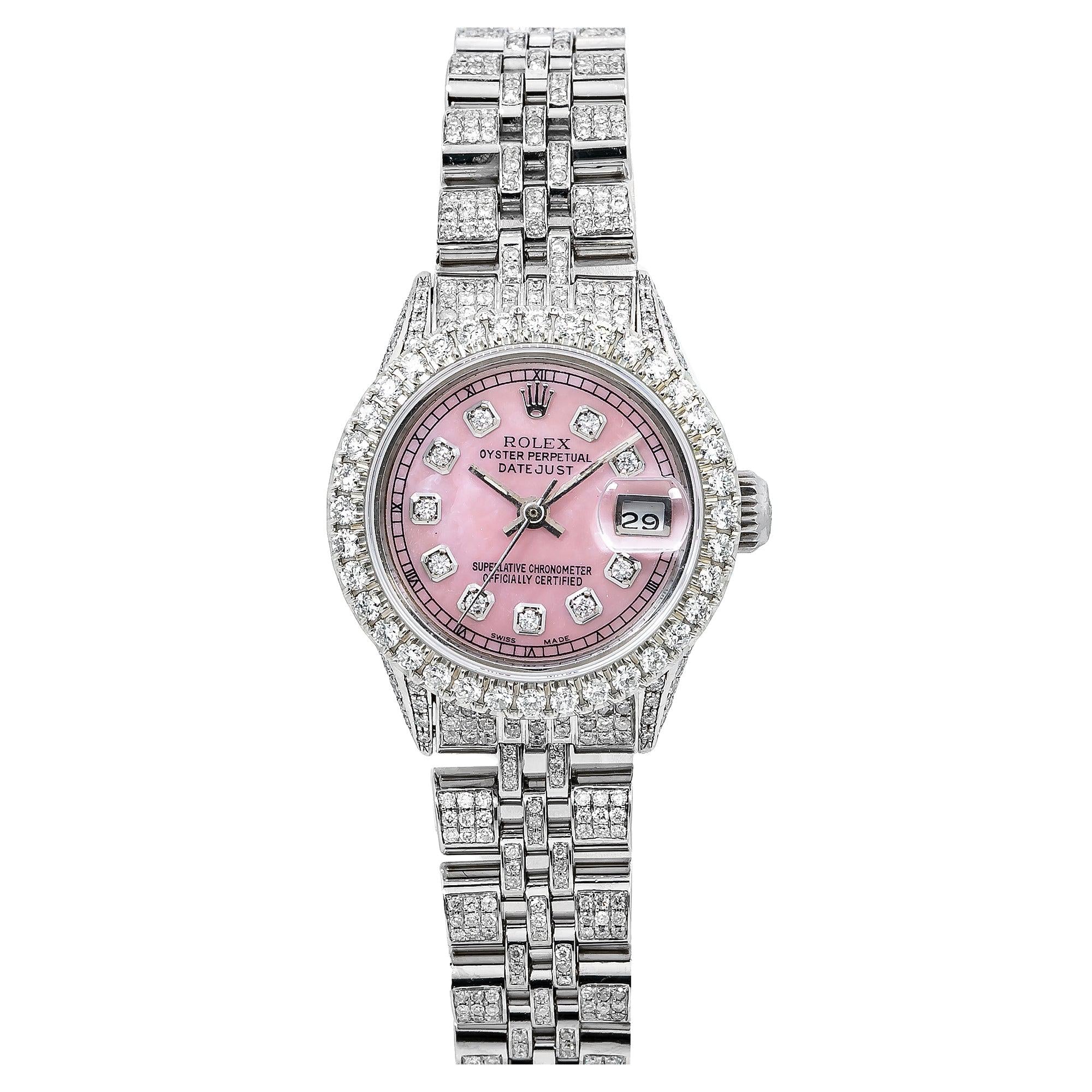 Pink iced out rolex Clearance